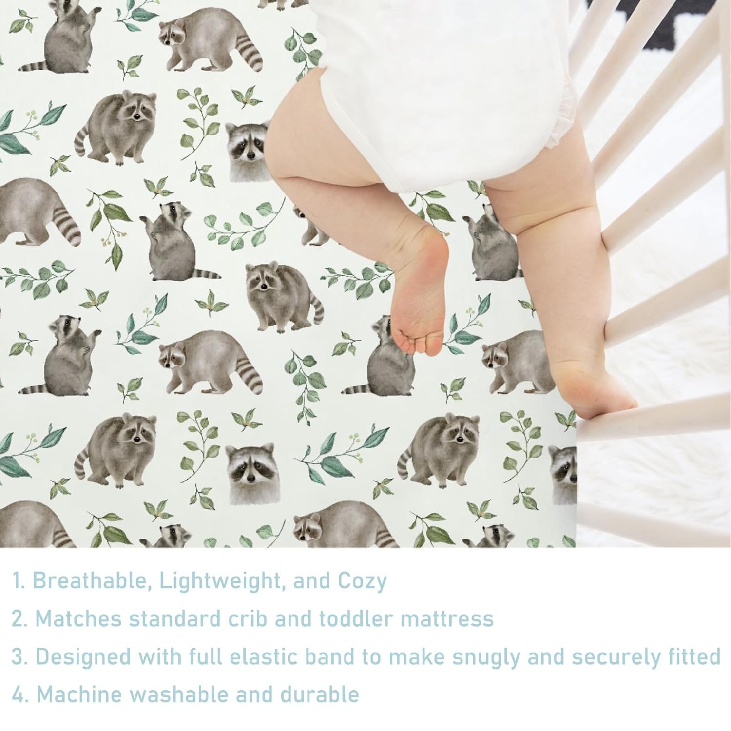 Watercolor Raccoon Green Leaves Baby Crib Sheets 52''x28'' Raccoon Boho Retro Leaf Snug Fitted Crib Mattress Cover for Boy Girl Soft Nursery Baby Bed Sheet for Standard Crib and Toddler Mattresses
