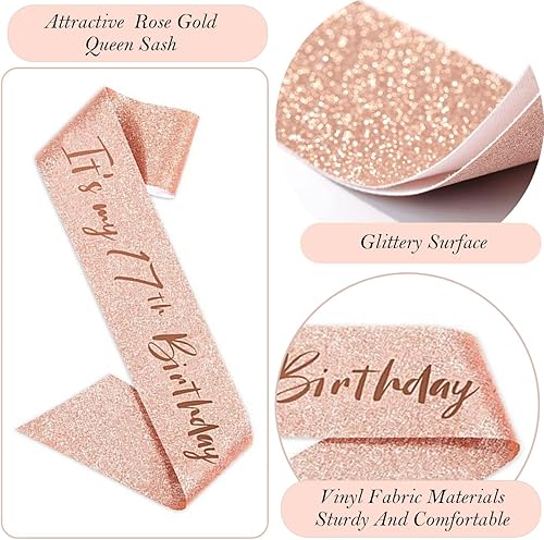 Miniatura 3 de 8 decoraciones de cumpleaños número 17 para niñas, incluye adorno para pastel de cumpleaños de 17 años, banda de reina de cumpleaños con alfiler de