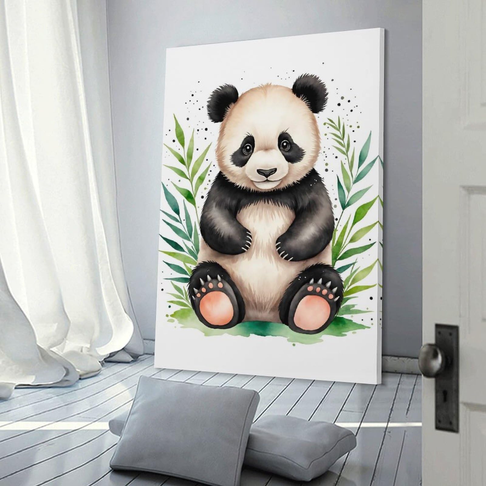 Junmoney Frame-Style-18 Cute Panda Watercolor Canvas Wall Art 12X18inch(30X45cm), For Office Decor, Home Working Or Creative Rooms, Wall Art That Adds Style To Work Areas