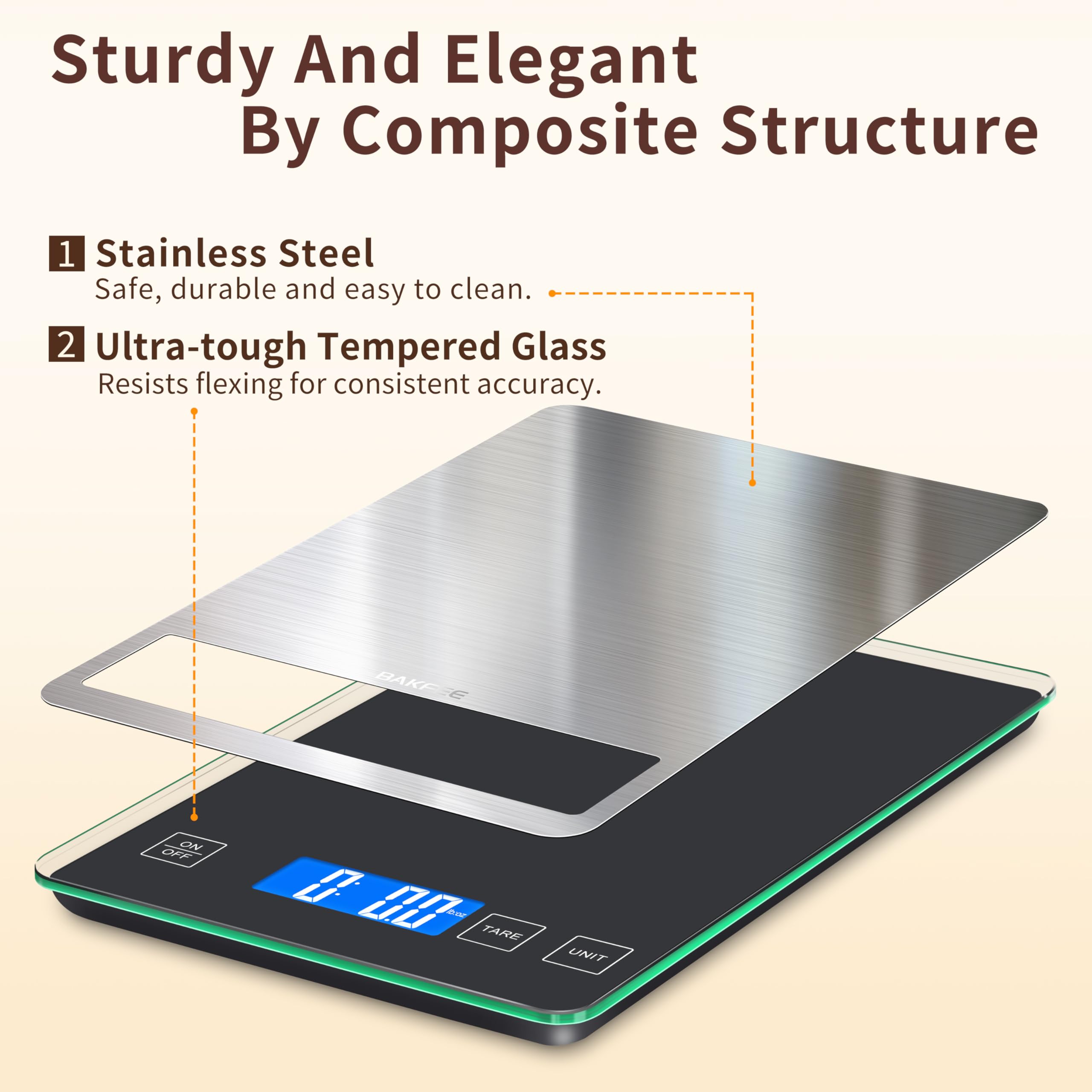 Digitale Küchenwaage mit gehärtetem Glas und Edelstahl-Oberfläche, 1 g / 0,1 oz Lebensmittelwaage mit Hintergrundbeleuchtung, AAA-Batterien, zum Backen, Herstellung von Sauerteigbrot