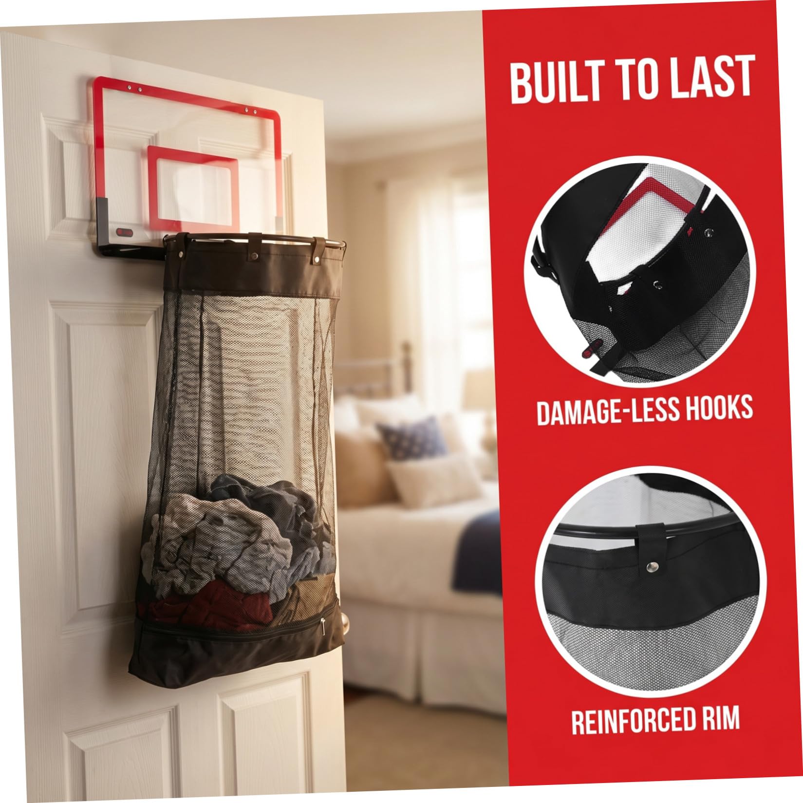 TOYANDONA Basketball Wäschekorb mit Reifen, Rot, 106x40x33 Cm | Kunststoff mit Reißverschluss, Universalhaken zur Montage, für Jugendzimmer und Kleine Wohnungen