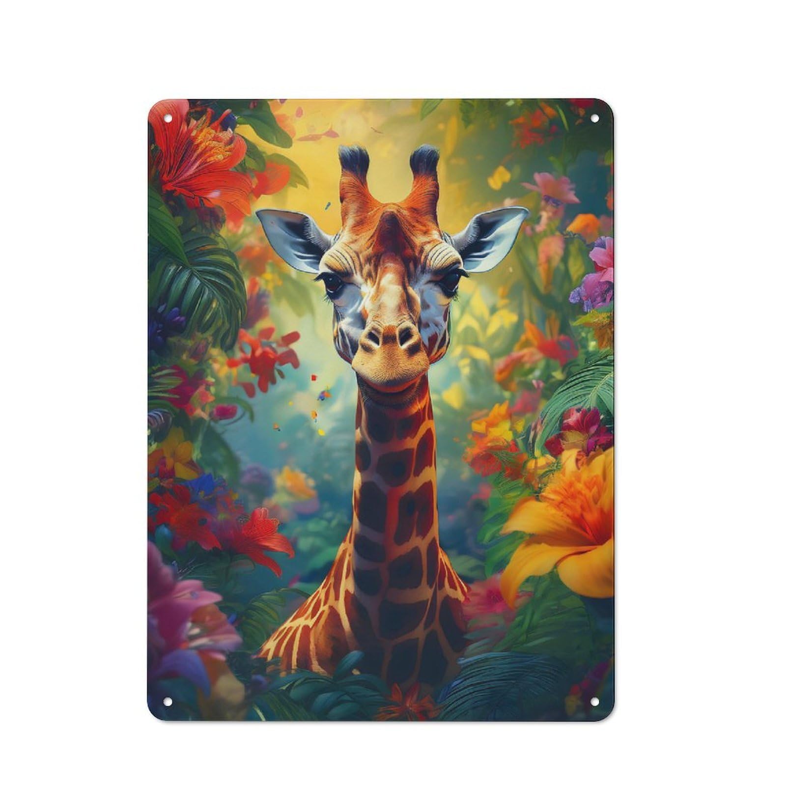 Junmoney Style-12 Giraffe In Jungle Bloom Industrial Metal Wall Decor 40X30cm, Tin Sign For Workshop, Basement, Shed Or Games Room