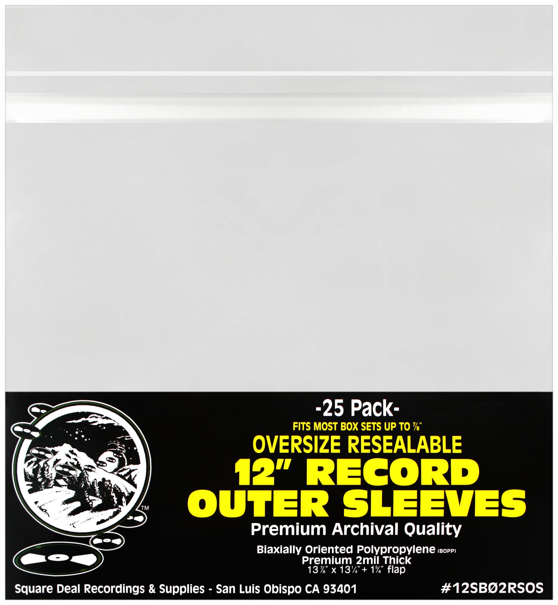 (25) 12" Resealable OVERSIZE Record Outer Sleeves - Super Clear Premium 2 Mil Thick Archival Quality BOPP - 13-7/8" x 13-1/4" + 1-5/8" Flap - FITS MOST BOX SETS UP TO 7/8" THICK #12SB02RSOS, Clear-image-8