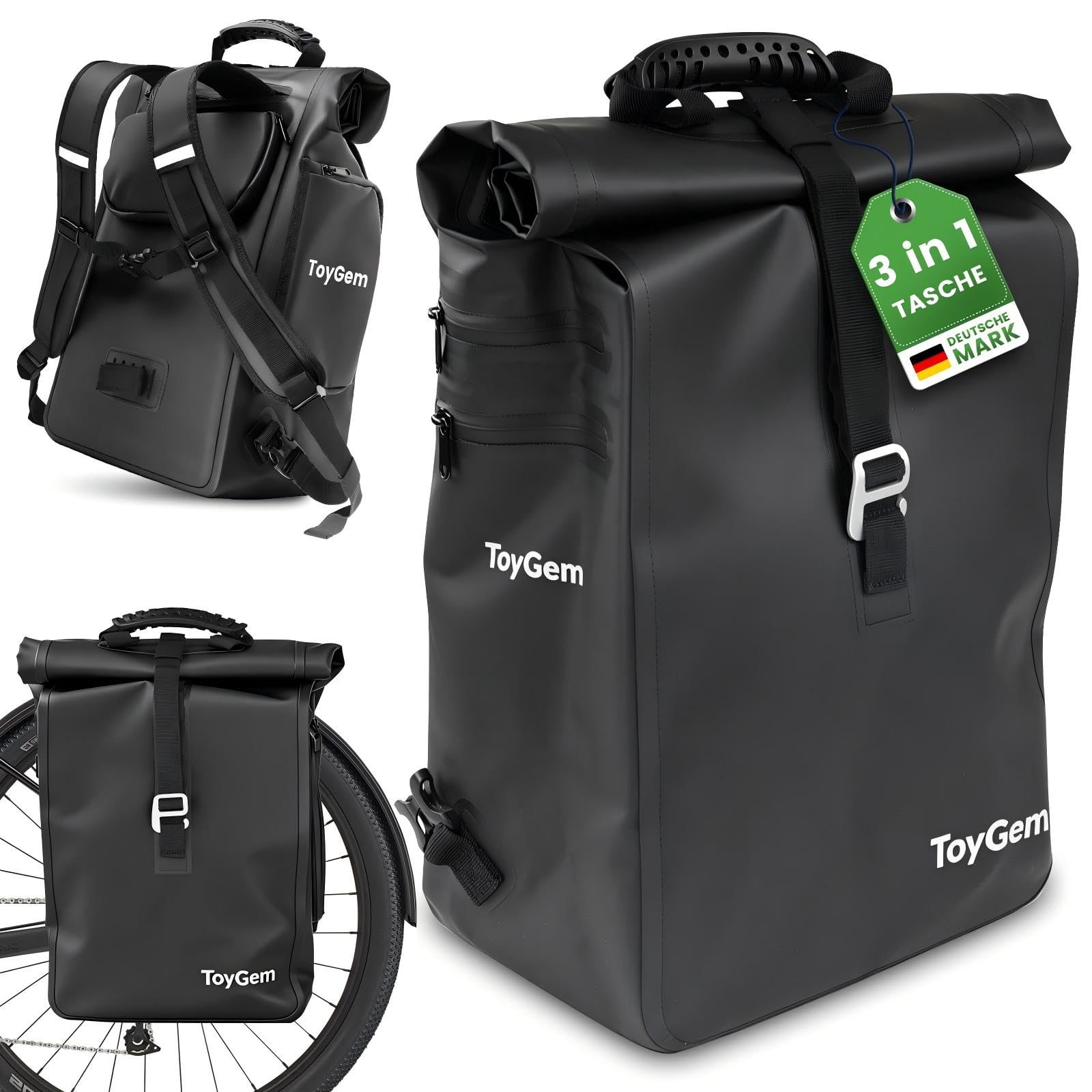 ToyGem Fahrradtaschen für Gepäckträger 29L, 3-in-1 Fahrradtaschen Geeignet als Gepäckträgertasche, Rucksack & Umhängetasche-100% Wasserdicht, Fahrradtasche mit Reflektoren & Laptoptasche