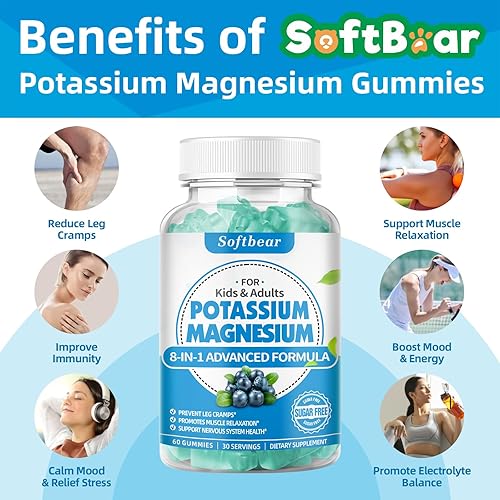 Miniatura 3 de Gomitas de potasio para adultos, suplemento de magnesio y potasio de alta absorción con vitamina B6 para calambres en las piernas y salud muscular,
