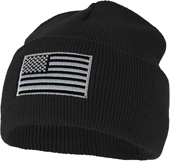 Armycrew Made in USA Grey American Flag Embroidered Knit Cuff Long Beanie