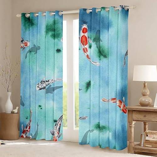 Miniatura 2 de Sxakswol Cortinas opacas 3D de estilo japonés Koi para dormitorio, sala de estar, cortinas de ventana con aislamiento térmico, oscurecimiento para