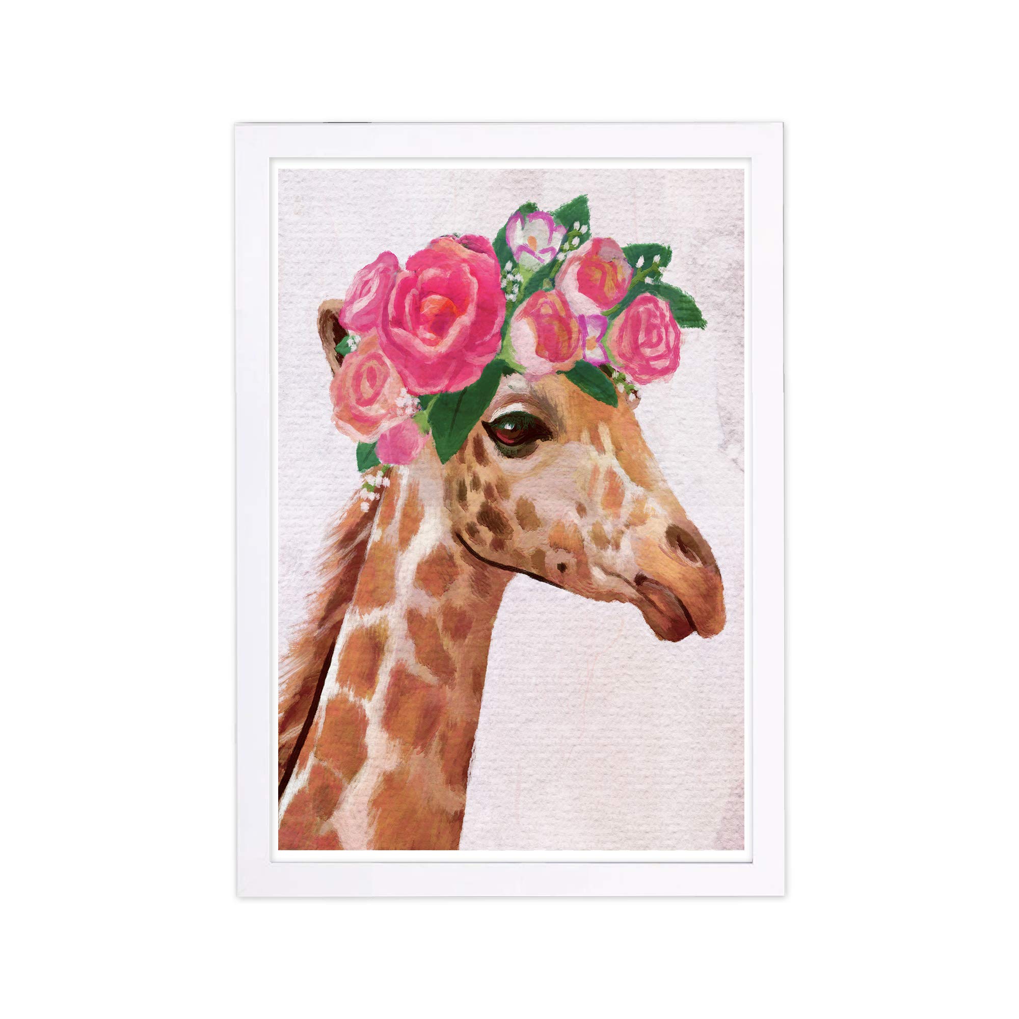 Wynwood Studio Framed Wall Art Prints 'Giraffe Blossom Crown Gold' Zoo and Wild Animals Home Décor, 13" x 19", Orange, Pink