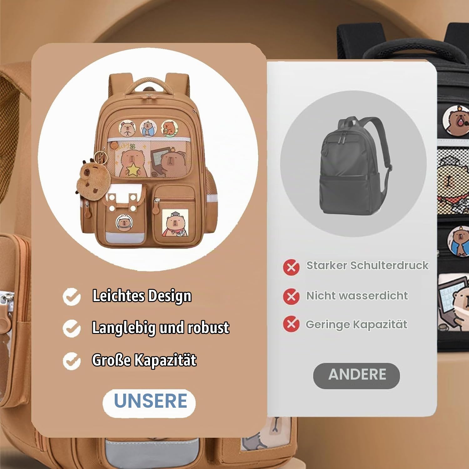 Capybara-Rucksack für Mädchen und Jungen mit gepolsterten Trägern und mehreren Fächern, Capybara-Schultasche mit Lunchtasche und Schreibwarenset, Geschenk für Teenager und Schüler