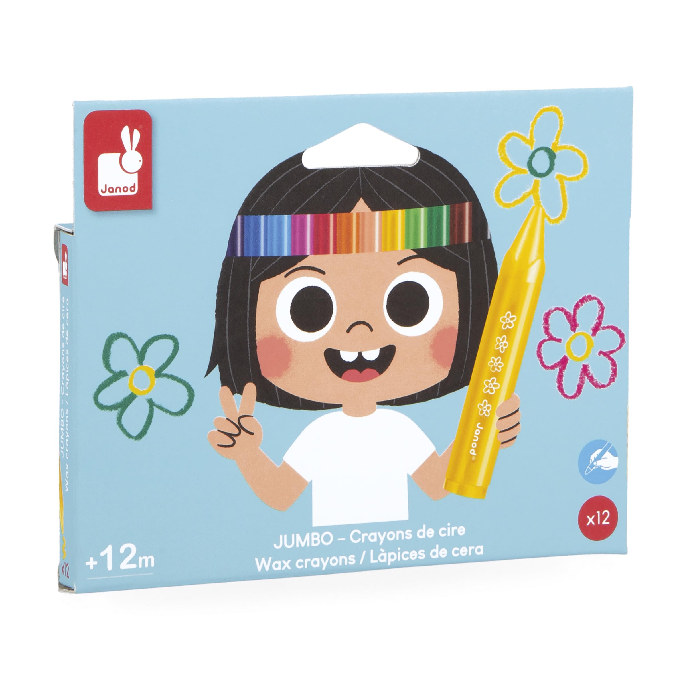 Janod - 12 tizas de colores jumbo para colorear para niños, a partir de 12 meses - Lápices de gran tamaño y forma triangular para un fácil agarre - Ideal para los primeros dibujos - J07401