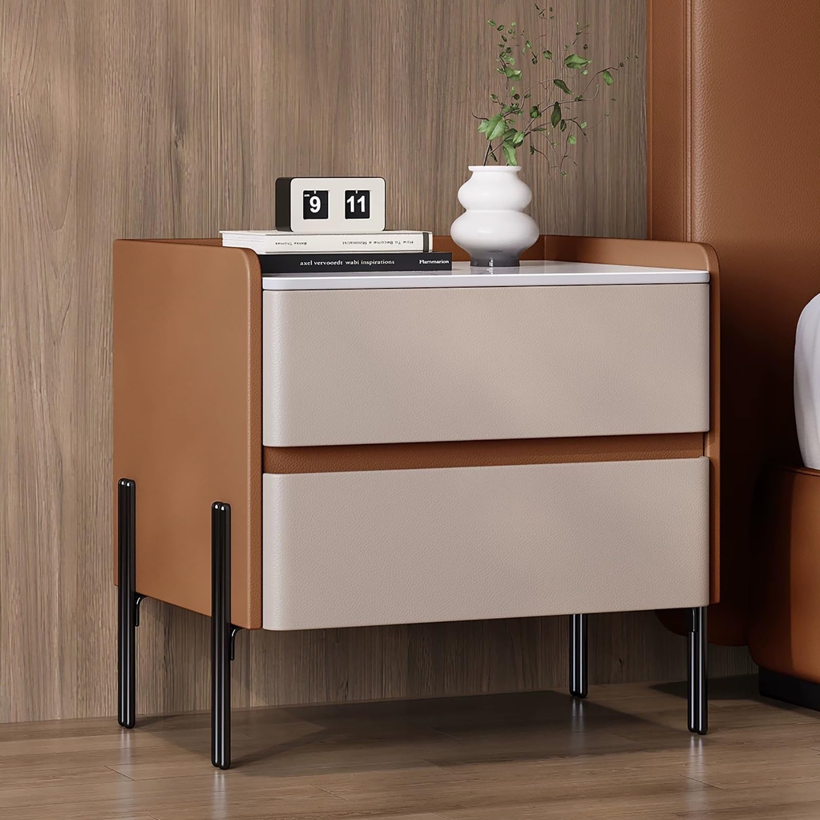 SXZenSpace Modern Nightstand with Rock Slab Tabletop, Bedside Tables 2 Drawers, Solid Wood Night Stands for Bedroom(Orange,40x40x50cm)