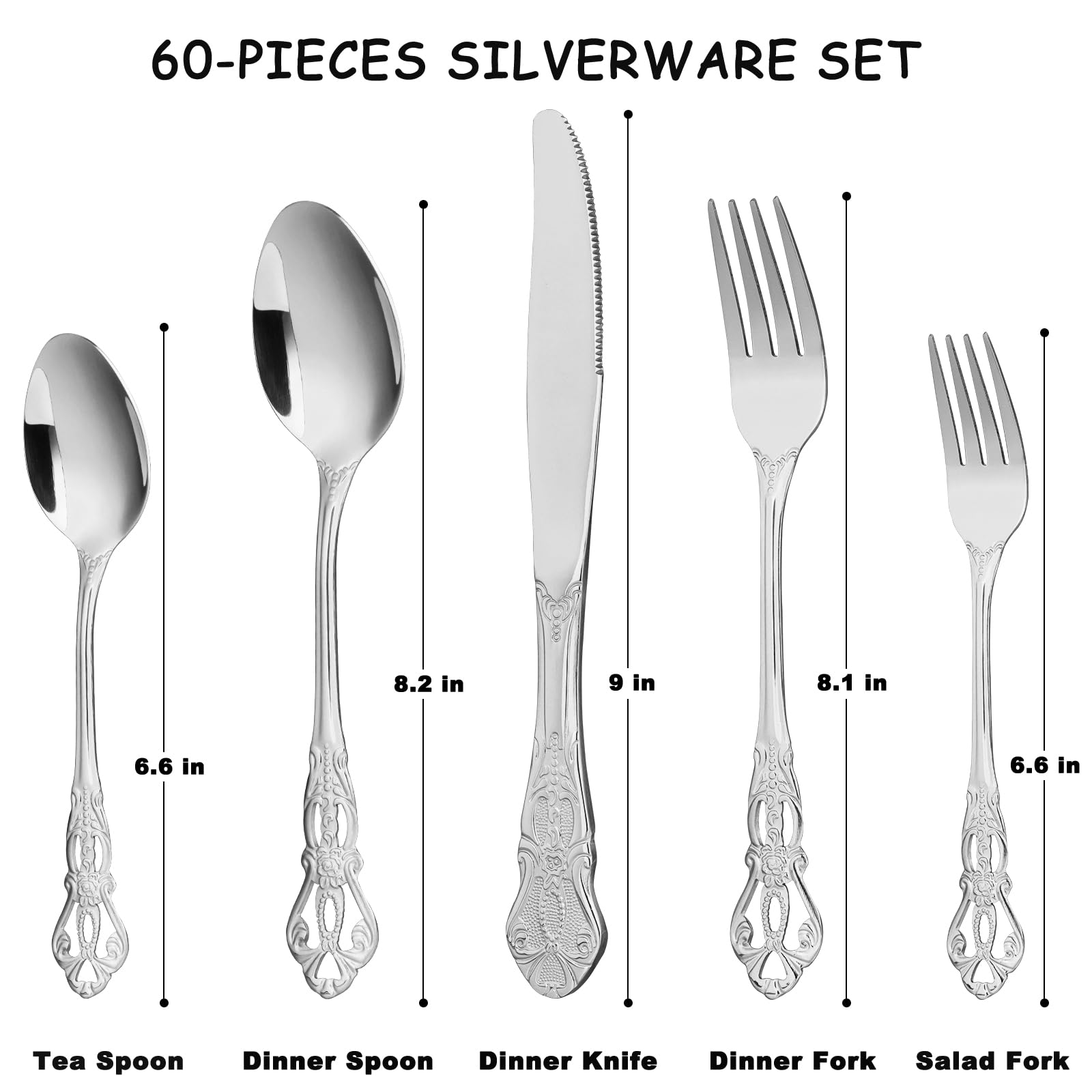Silverware Set for 12, Stainless Steel Gorgeous Retro Royal Flatware Set, 60-Pieces Cutlery Tableware set, Kitchen utensils set Include Spoons And Forks Set, Mirror Finish, Dishwasher Safe