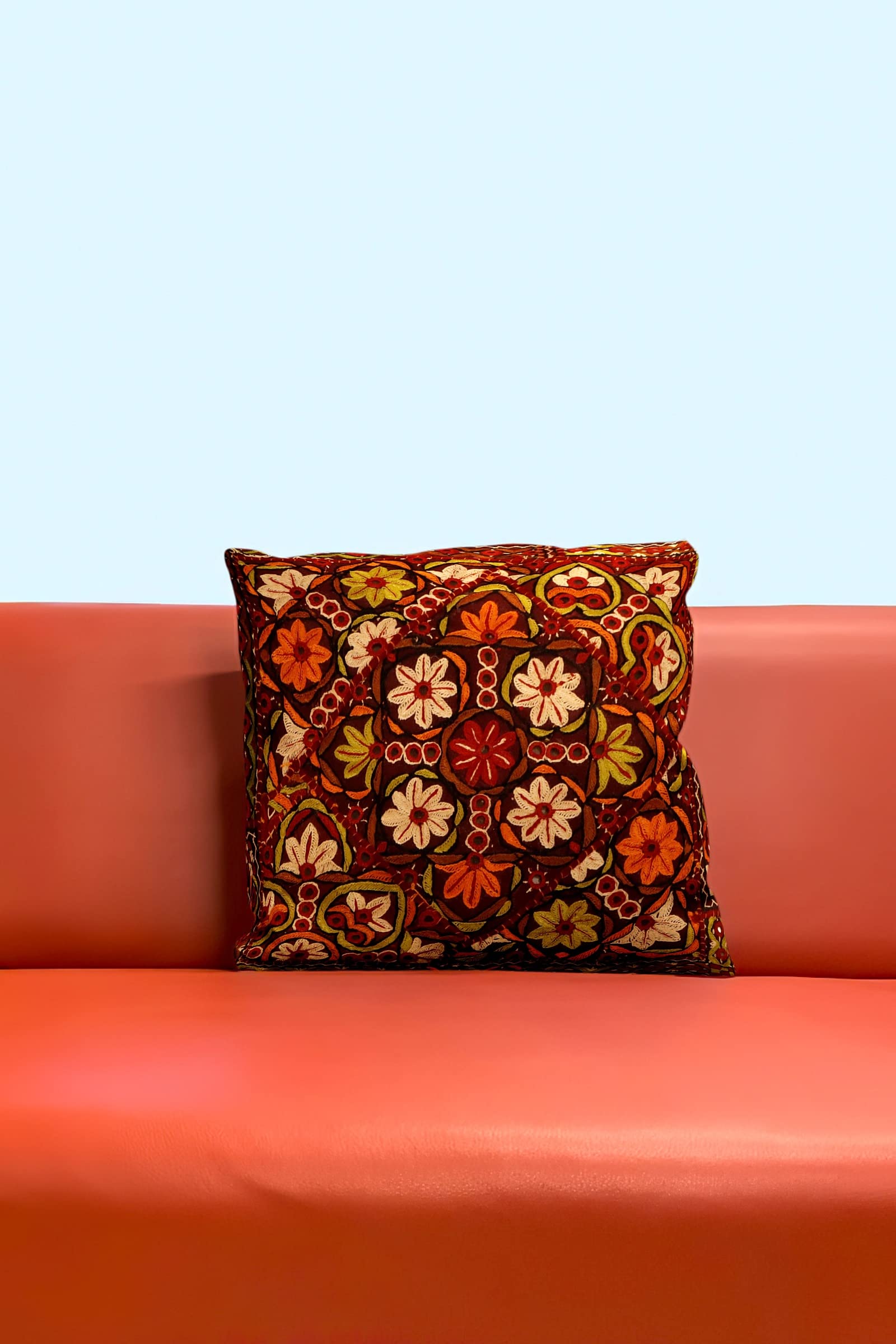 COTTAGE Handmade Cotton Dhaa Embroidred Fine Work Cushion Cover | Fabric for Home Décor, 18x18 Inch, Red, 1 Piece