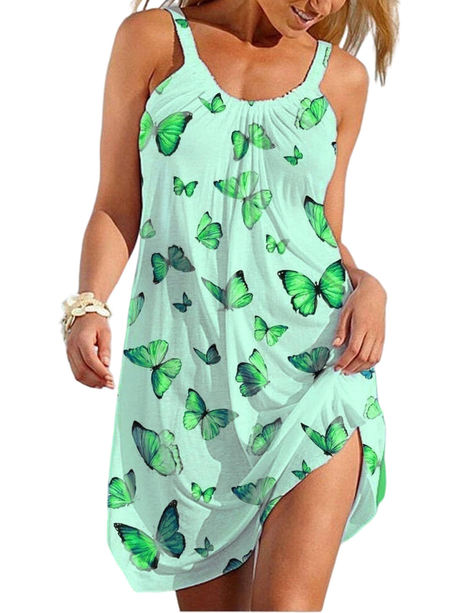 ColishaLadies Short Mini Drsses Butterfly Print Summer Beach Sundress Swing Slip Dress Casual Cover Up Sleeveless Women Party