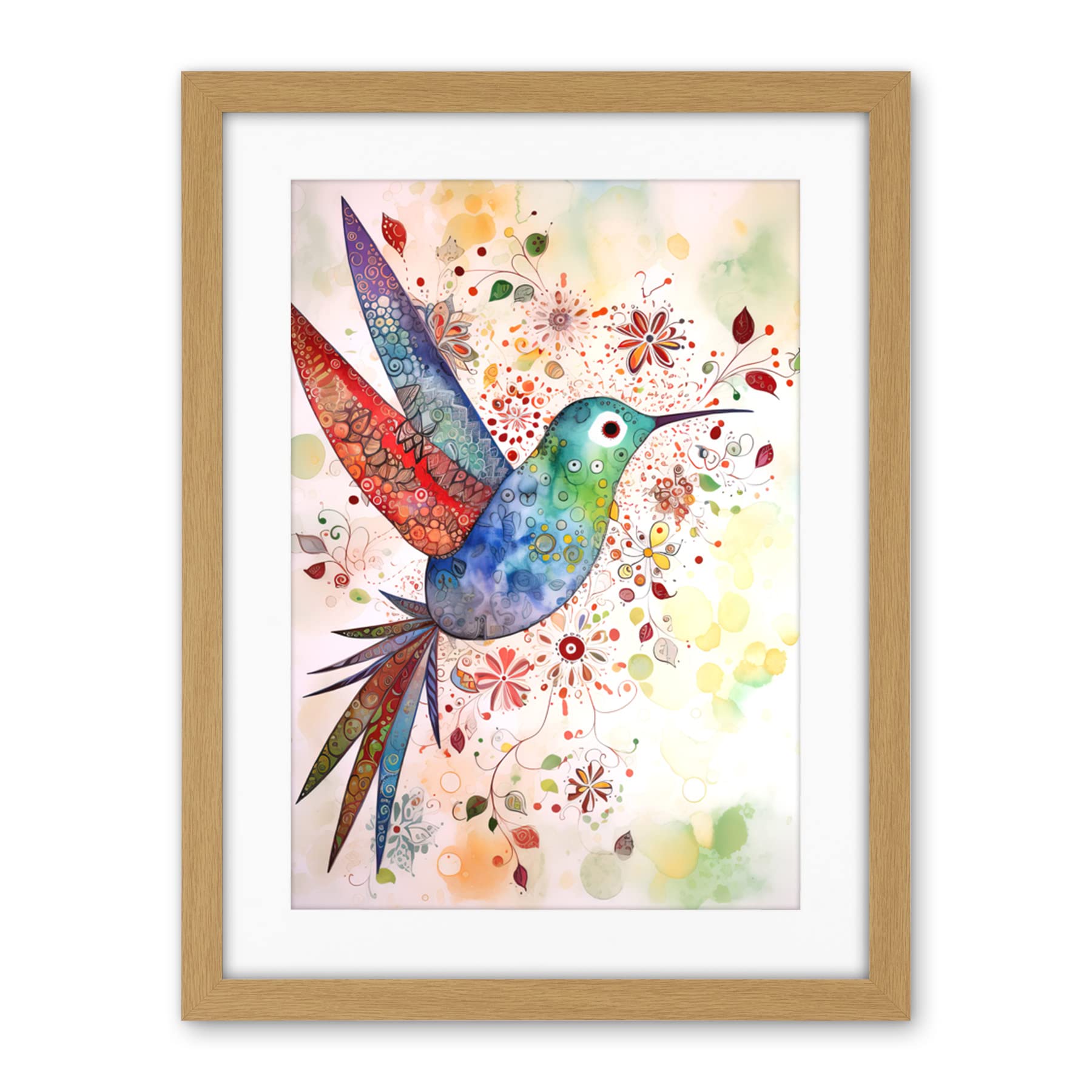 Artery8 Hummingbird With Flower Patterns Folk Art Watercolour Painting Artwork Framed Wall Art Print 18X24 Inch