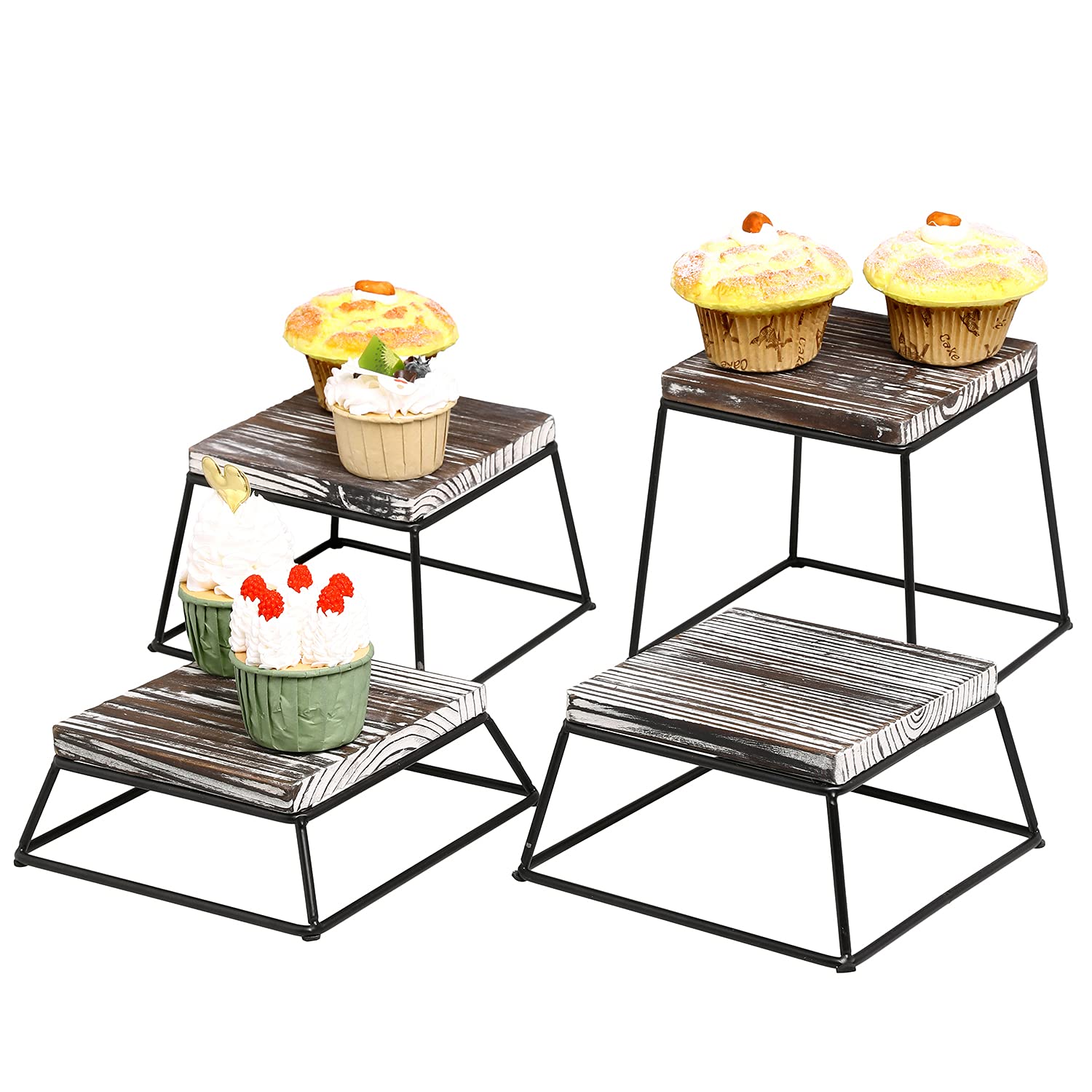 MyGift Torched Wood Cupcake Stand, Square Food Dessert Display Riser, Retail Stand with Black Metal Wire Frame, Set of 4