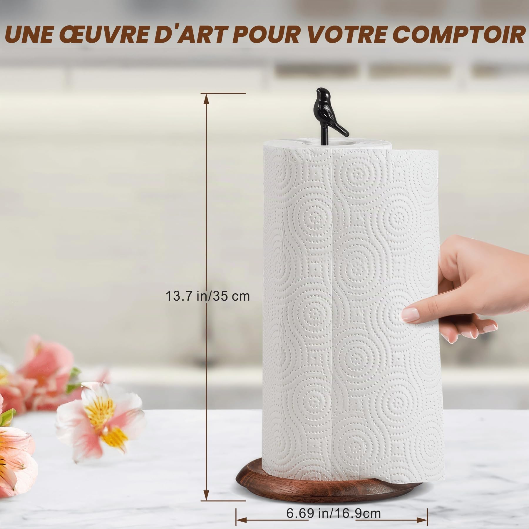 Porte Sopalin sur Pied Rustique | Support Essuie Tout en Bois et Métal Noir avec Oiseau | Dérouleur Sopalin pour Plan de Travail