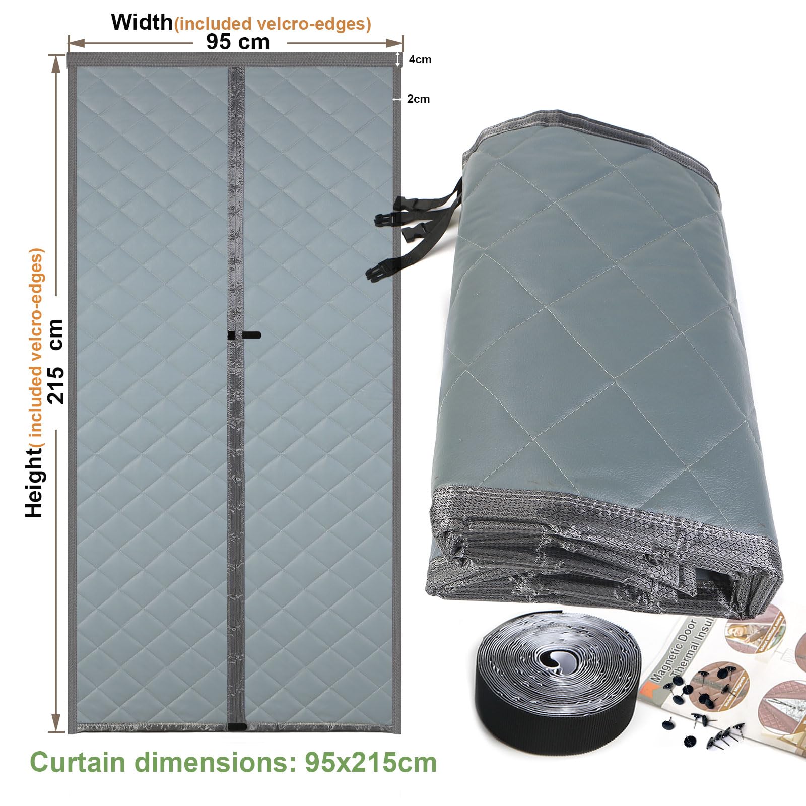 Risareyi Magnetyczna izolacja termiczna, zasłona na drzwi, wymiary: 96 x 213 cm, odporna na warunki atmosferyczne, z poliuretanu, grube wypełnienie poliestrowe, szara osłona drzwi, ochrona przed