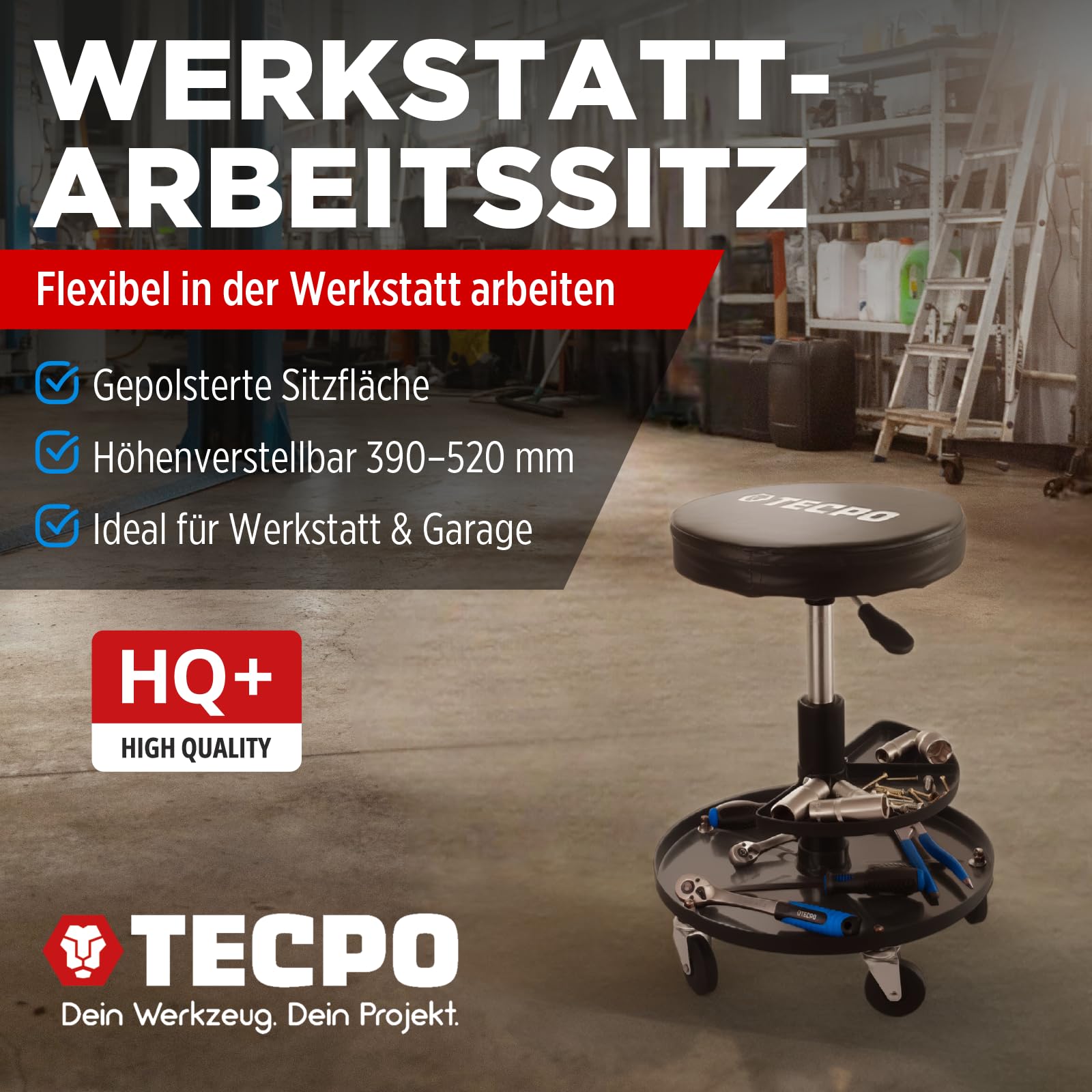TECPO Werkstatthocker mit Zwei Ablagen 135 Kg Tragfähigkeit 390-520mm Höhe Rollsitz Rollhocker Werkstatt Arbeits Hocker mit Rollen höhenverstellbar Sitz