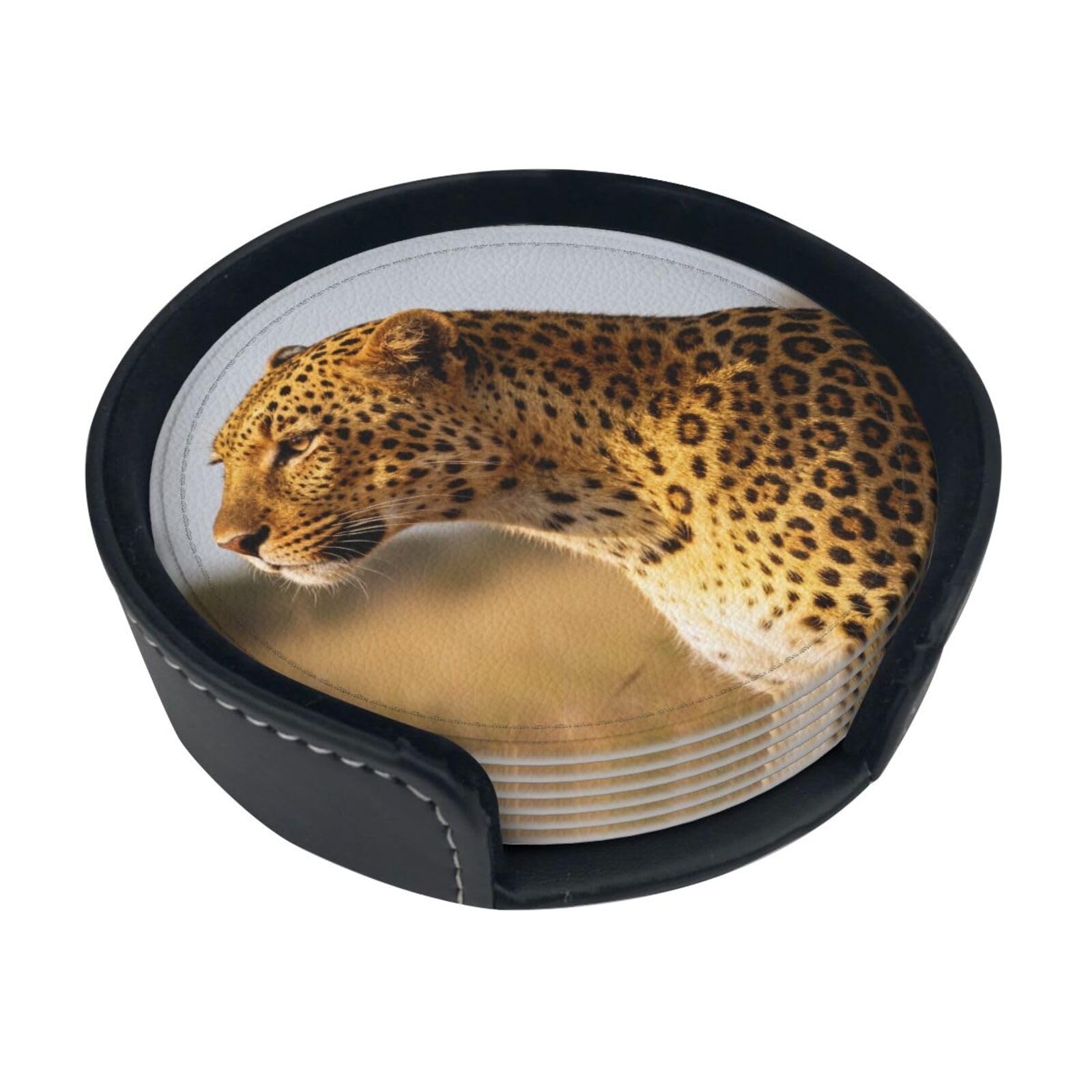 Cntdbu White African Leopard Leather Coasters Set Of 6-Pu Leather Drink Mats For Table, Heat Resistant Round Coasters With Holder