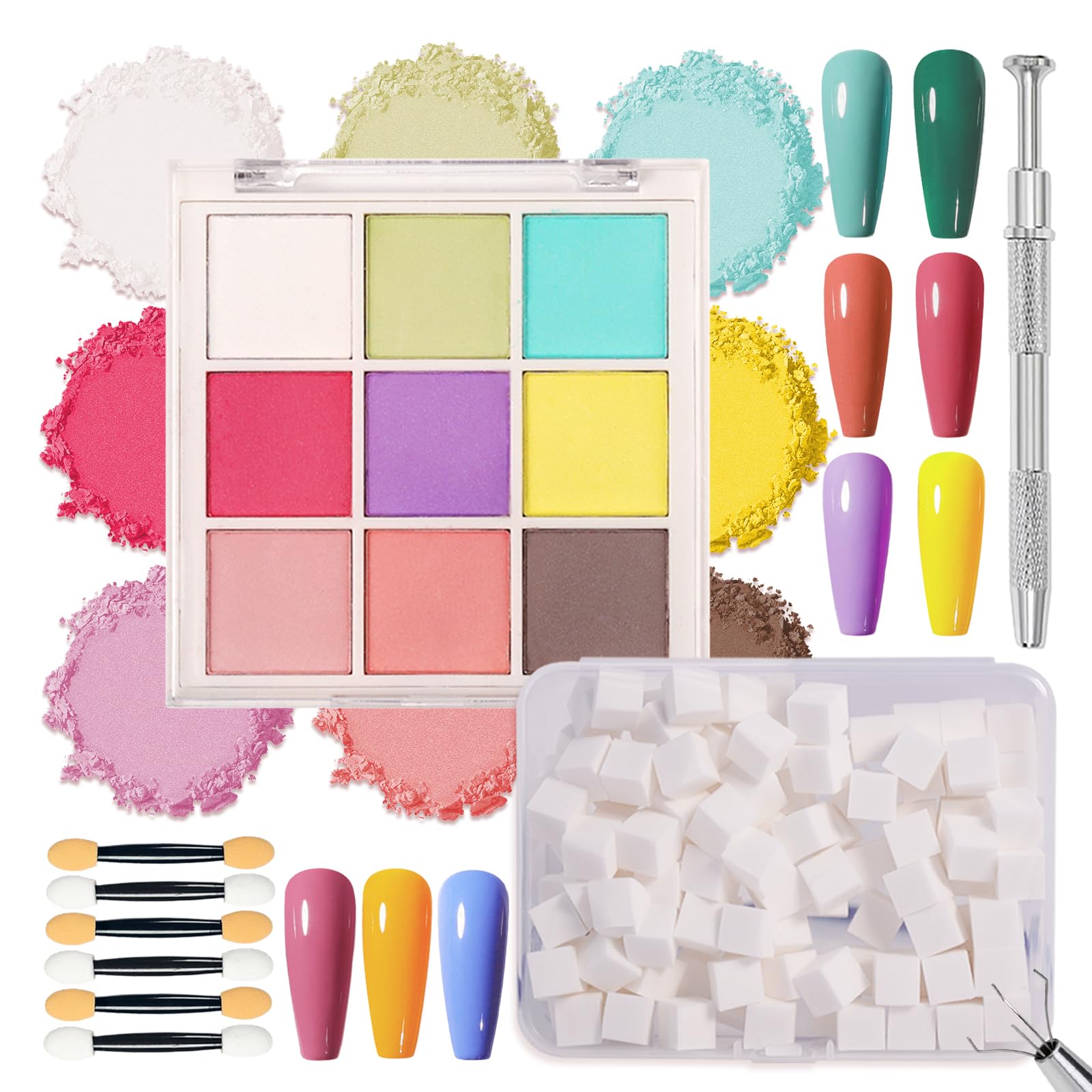 9 Colors Pigment Powder for Nails, Nail Pigment Powder Palette Set and Nail Art Sponges with Grabbing Pen, Ombre Aura Pigmentos para Uñas, Manicure Tools Accessories, C
