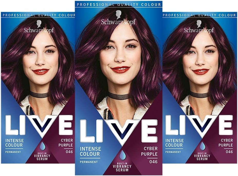 Schwarzkopf Live Intense Colour Purple Hair Dye, 3-Pack Permanent Colour with Vibrancy Serum, 046 Cyber Purple