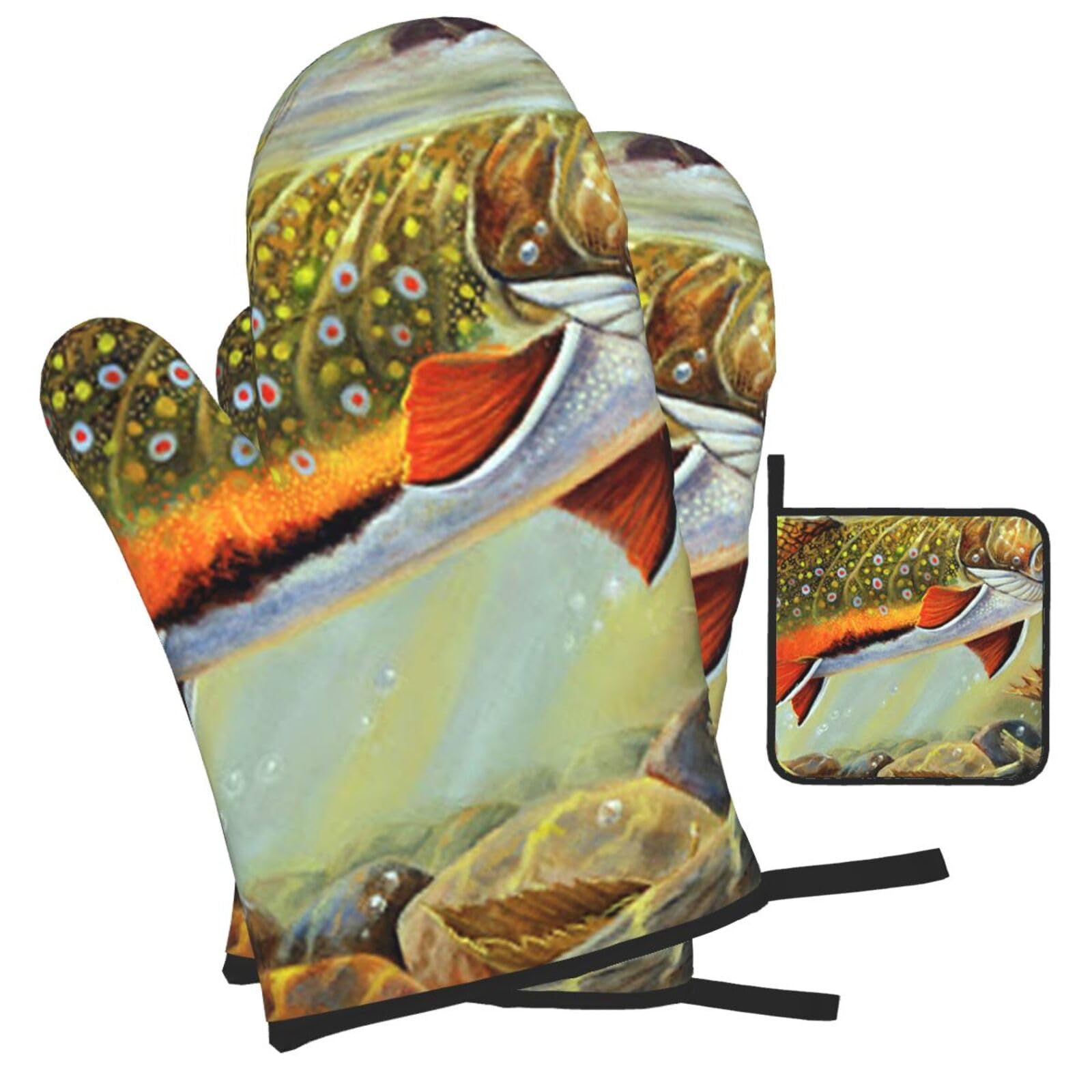 Brook Trout-Fly Fishing Printed Oven Mitts and Pot Holders Heat Resistant Set of 3 Pcs, Modern Kitchen Gloves & Potholders for Cooking Baking Grilling