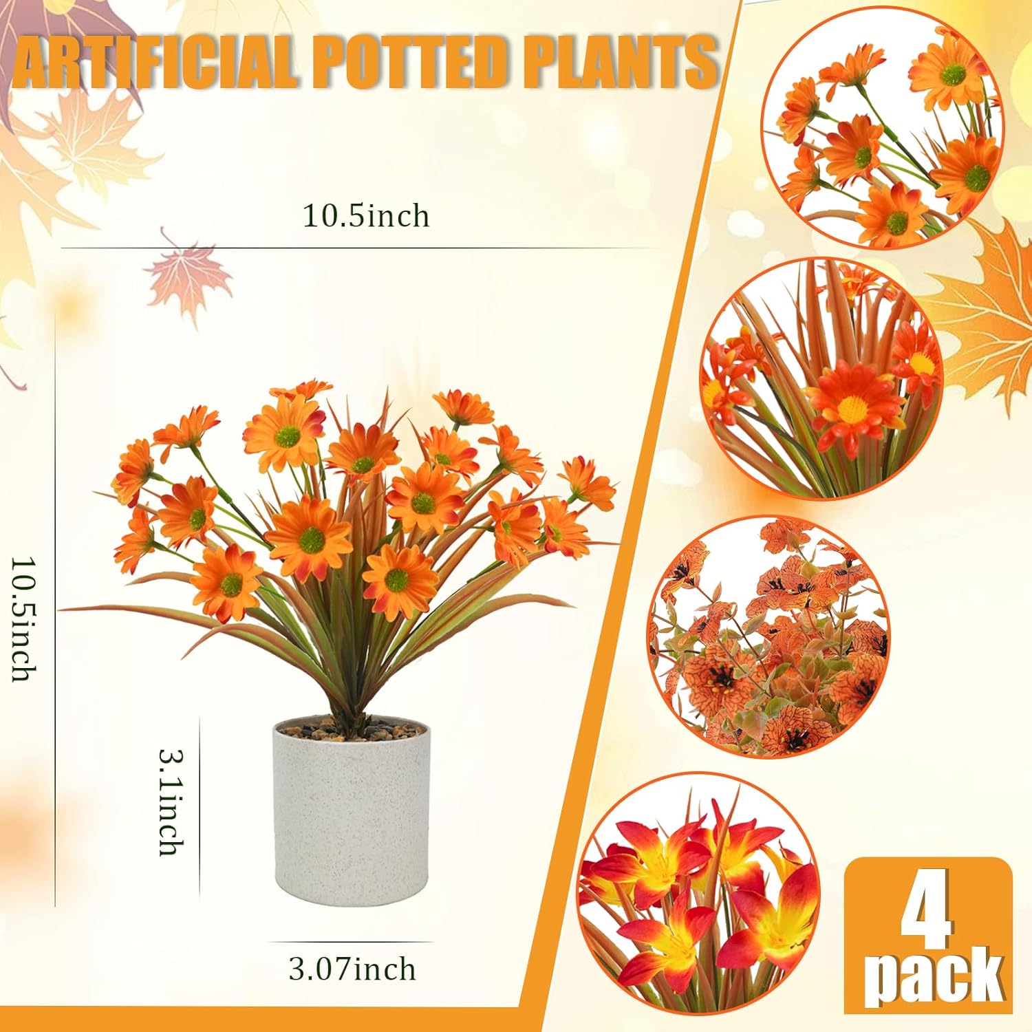 Uieke 4PCS Fall Fake Potted Plants Thanksgiving Floral Arrangements Fall Decor Autumn Mini Small Artificial Potted Plants Fall Decorations for Home Harvest Wedding Tabletop Centerpieces Office Decor - Image 2