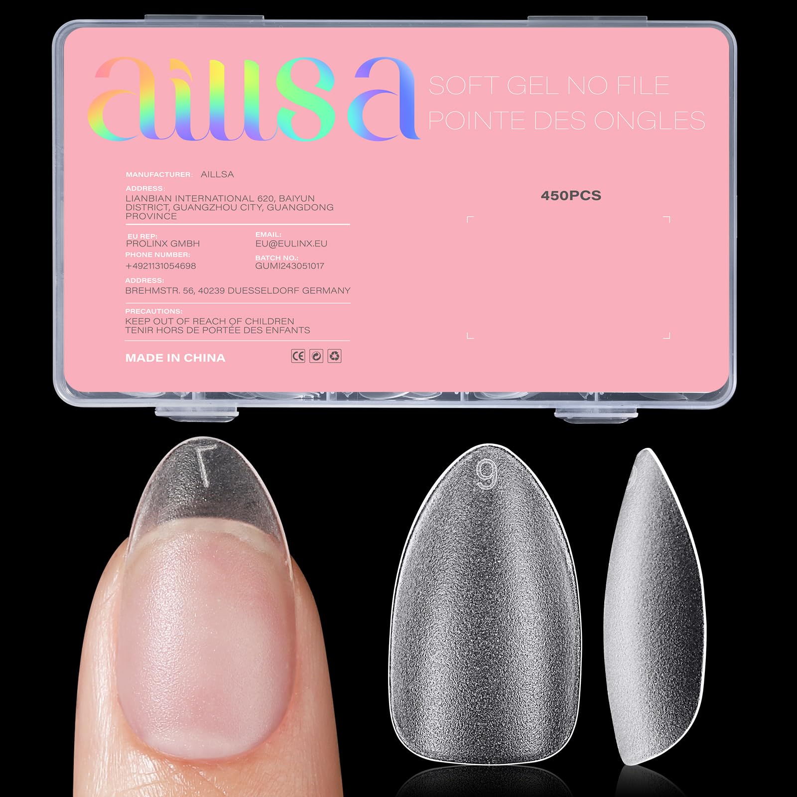 AILLSA Short Almond Nail Tips 450PCS Acrylic Gel Double-sided Matte Clear Pre-Buff Gel Nail Tips No Need Base Coat Press on Nails Tips for Extension 15 Sizes