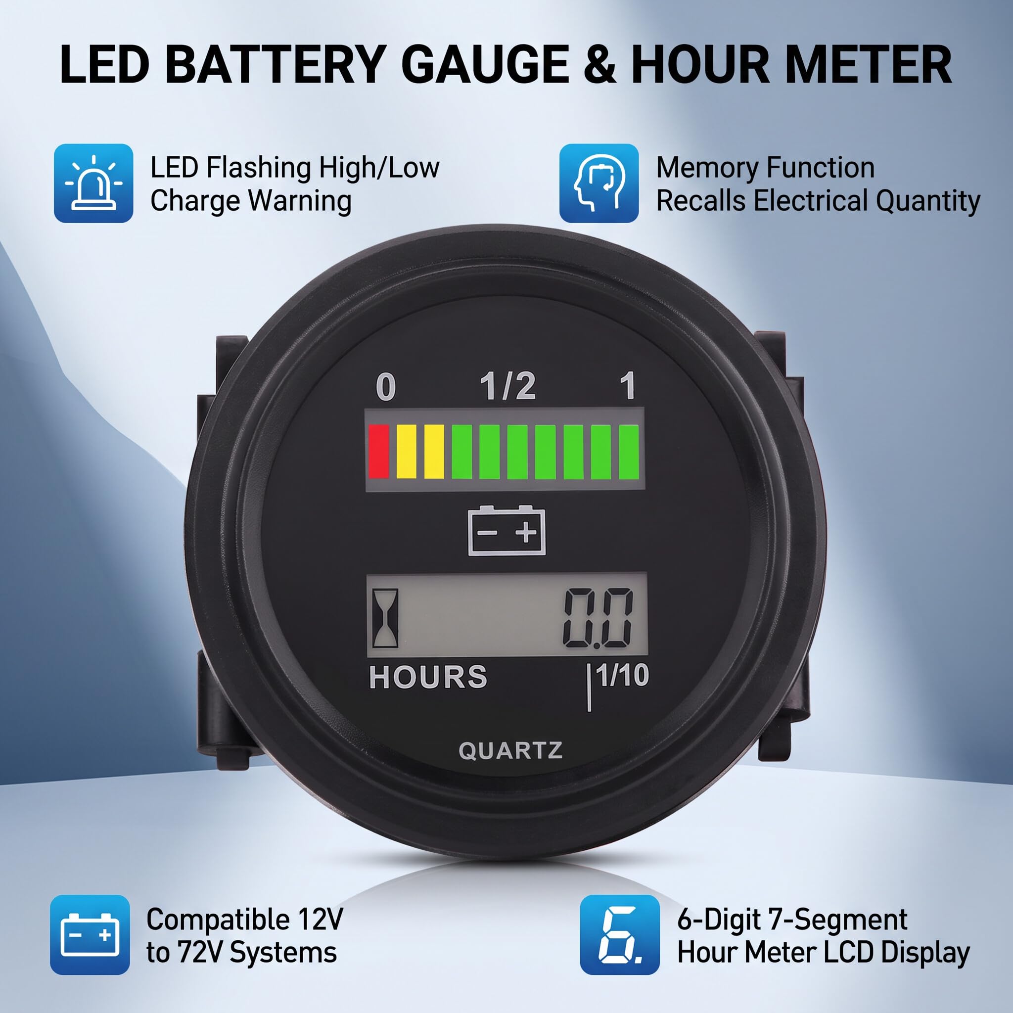 Batteriekapazitätsanzeige, 12 V 24 V 36 V 48 V 72 V Batteriestatusanzeige Meter LED-Anzeige 10-Segment-Batterieanzeige überwacht für DC-Batterie