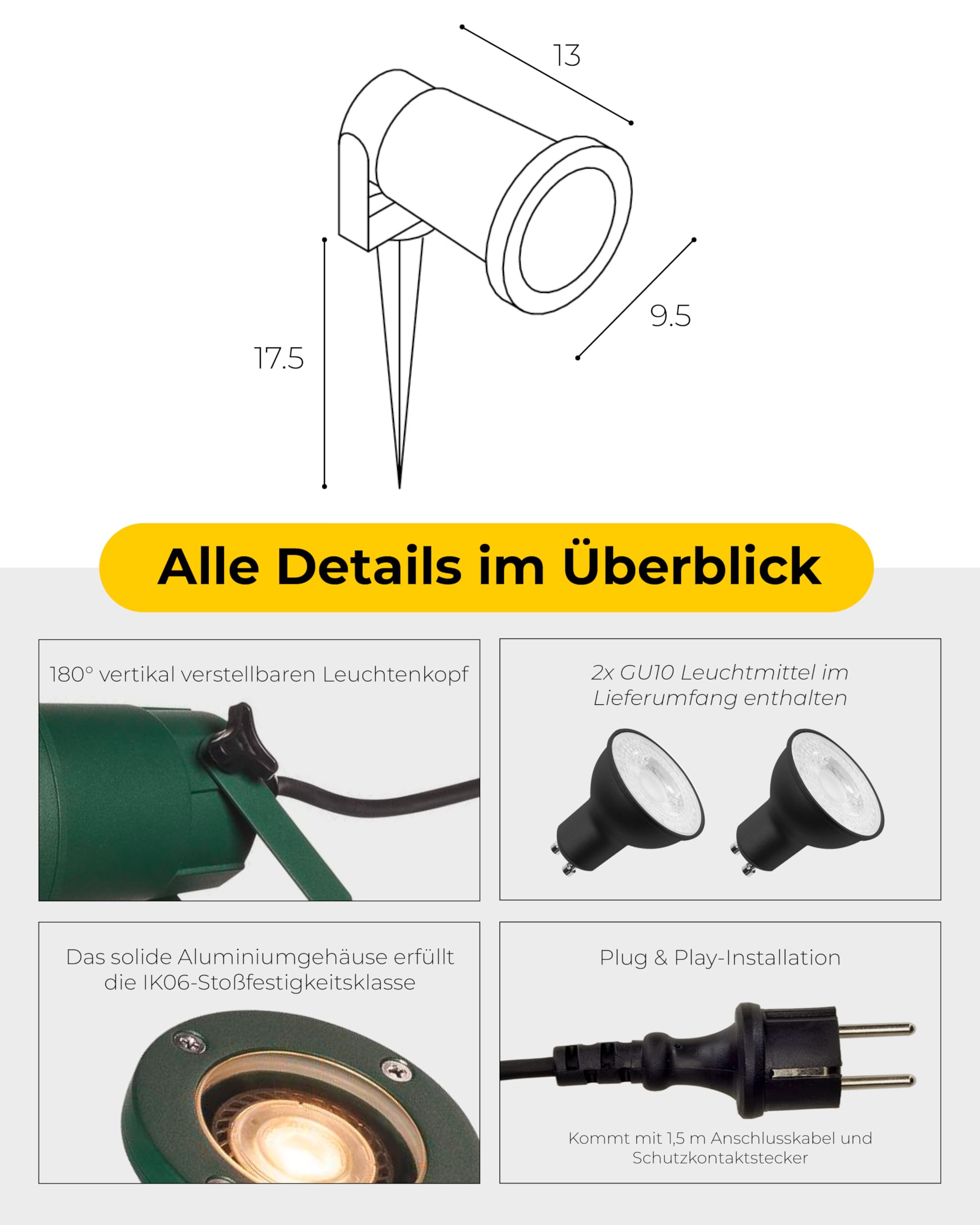 SLV NAUTILUS XL Erdspießleuchte – Außenleuchte für Garten, Terrasse, Wege & Teich | GU10, IP65, 11 W, mit Erdspieß & Stecker | 2er-Set | Grün