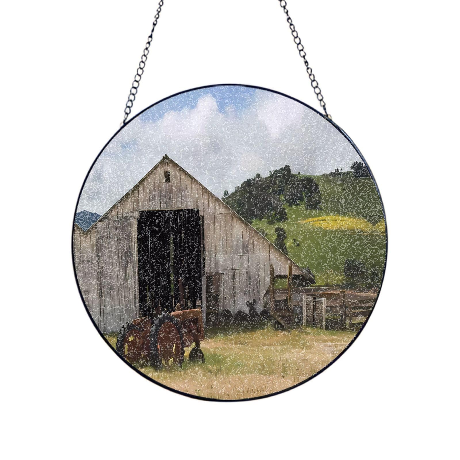 Phayah Old Wooden Barn With Rusted Tractor Print Glass Window Hanging Round Suncatcher Glass Ornament Garden Wall Fence Decorations Indoor Outdoor 8in（20cm）