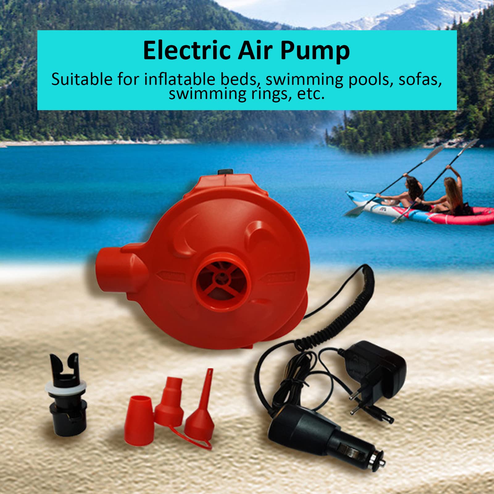 Pompe à air pour gonflables, Pompe électrique 4KPA pour Matelas pneumatique, avec Batterie Rechargeable 2000 mAh et 3 Buses de gonflage pour Matelas pneumatique, Bateau, Anneau de Natation