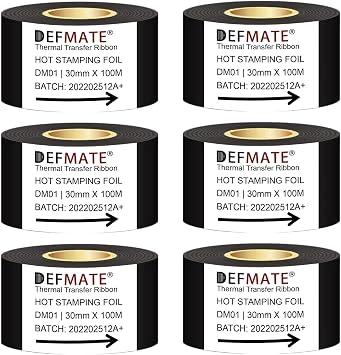 6 Rolls 30mm x 100m Black Hot Stamping Foil Thermal Transfer Ribbon Resin for Coder Printer Machine, Black Color Ribbon for Coding Machine Black-6pcs