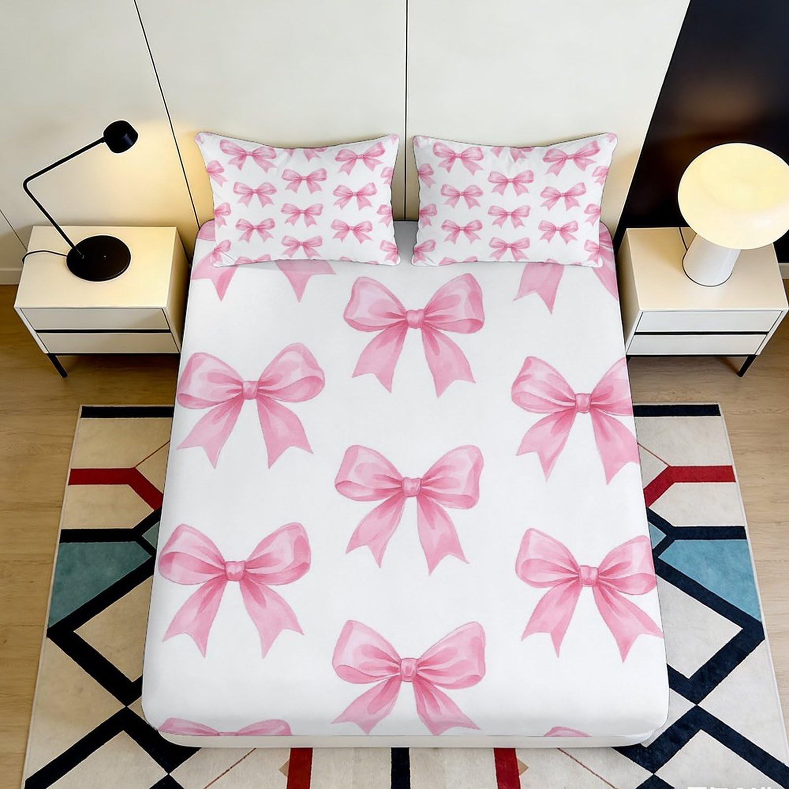 3D Printed Pink Bow Fitted Sheet Microfiber Soft Breathable Ribbon Pattern Mattress Cover for Bedroom Dormitory Guest Room Mattress Protection Decor 200x200x25cm