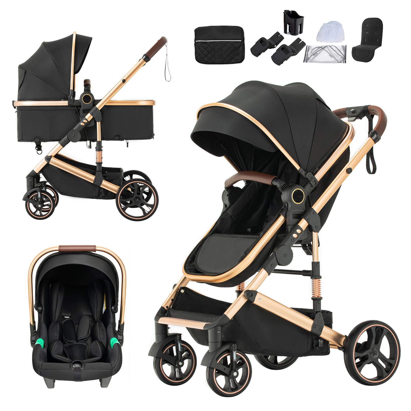 Mobayta 3-in-1 Complete pram Set, 0-4 Years, up to 22 kg, Combi pram Travel Systems for Newborns and Infants (Black H9, H9)