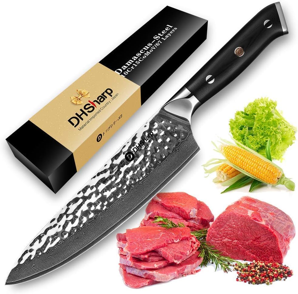 TooSharp Chef's Knife - Japanese AUS-10V Damascus 67 Layers - Classic Series H Gyuto - Vacuum Treated - Handmade Hammered Finish - 8" - w/Gift Tag
