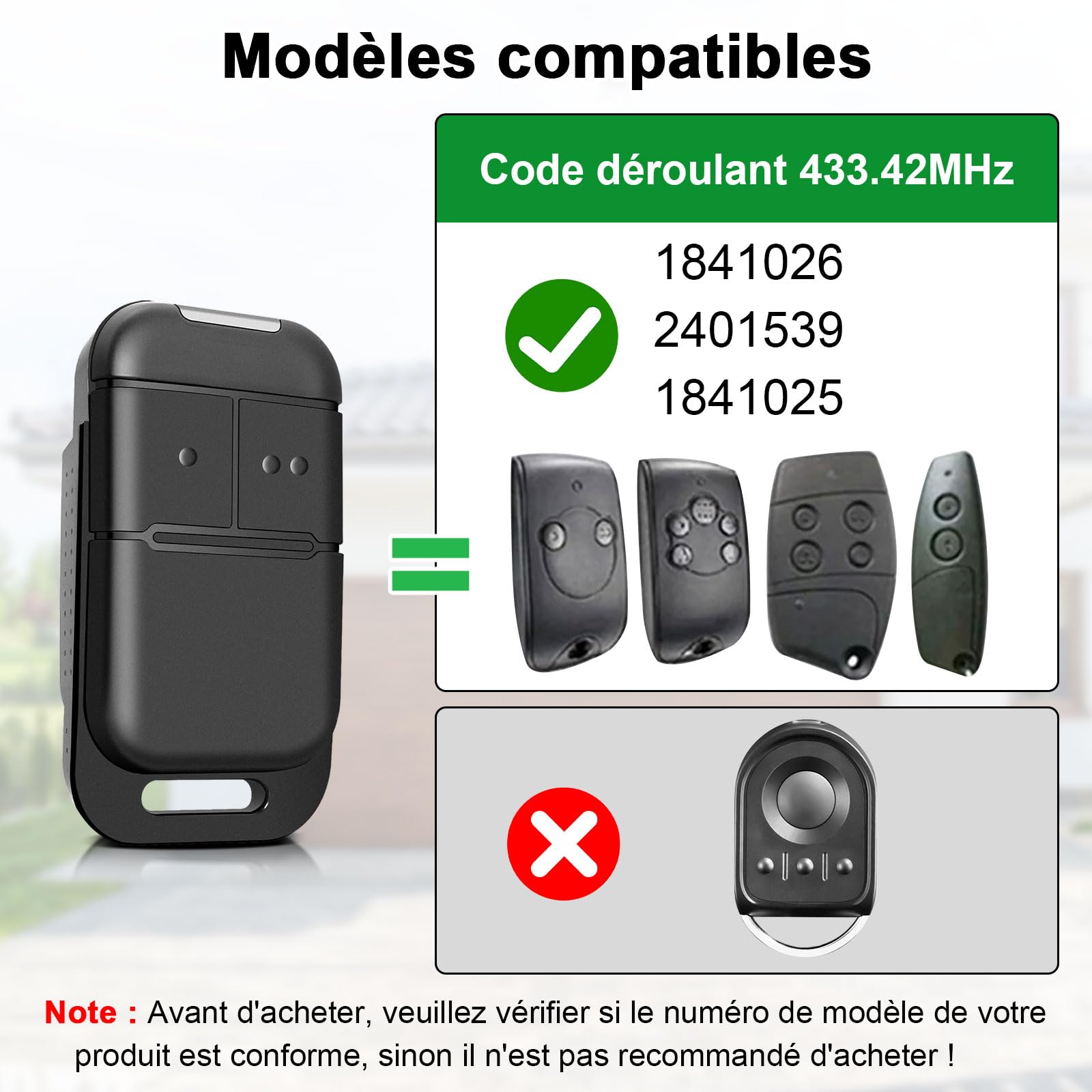 433,42 MHz Telecommande Portail S0-mfy pour 2401539, 1841026,1841025, 2 Canaux, Rolling Code, Télécommande Bip Portail de Garage