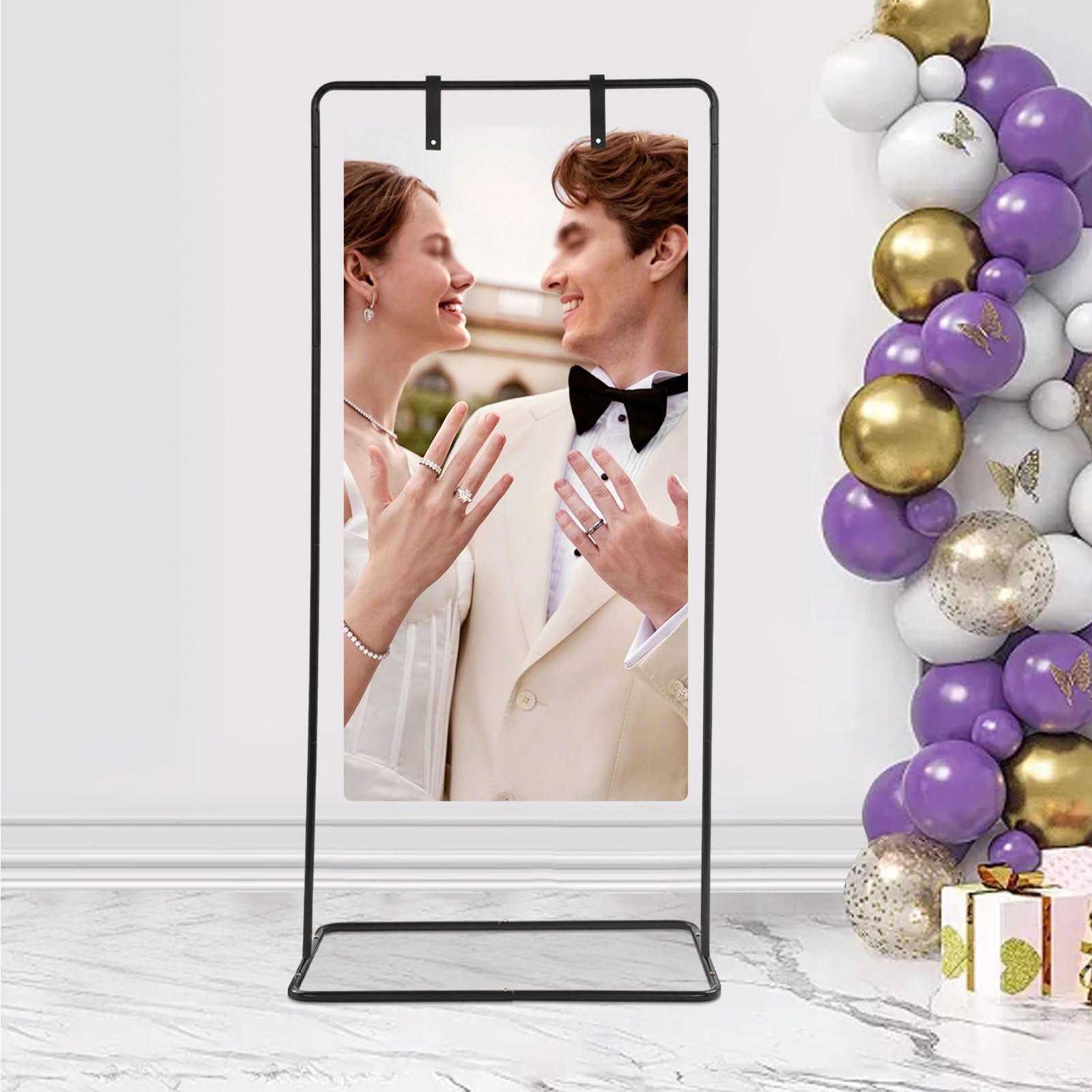 Hochzeitsschilder Ständer, Schwarz Eisen Halter für Hochzeitsschilder Höhenverstellbar 175x80x50cm mit Lederschnalle Begrüßungsschild Ständer für Hochzeit Party Veranstaltungen
