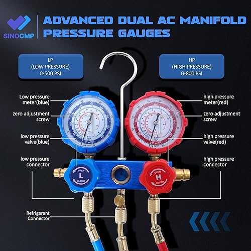 Miniatura 9 de SINOCMP Juego de manómetros de colector de CA, válvula de 3 vías, 4CFM de una etapa 110V 13 HP HVAC bomba de vacío con detector de fugas para aire