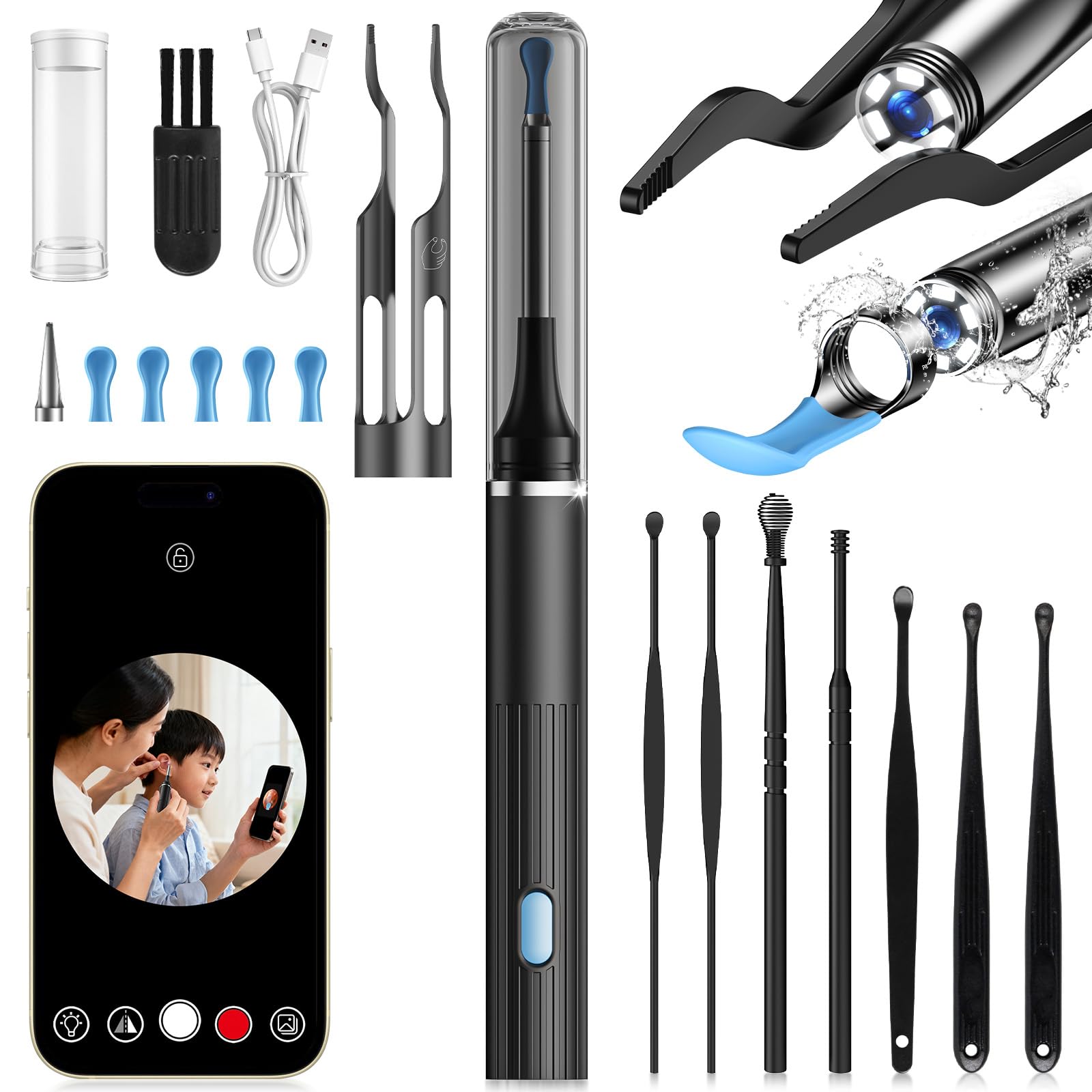 耳かき カメラ付き耳かき【2026年 新モデル｜3000W超高画素・イヤーフックとピンセット追加】みみかき カメラ イヤークリーナー 耳掃除 光る耳かき 耳垢取り 6LEDライト 3.5mm極細レンズ 耳掻き 録画 写真 左右反転機能 IP67防水 WIFI接続 Type-C充電 子供 大人 お年寄り ペット iOS Android対応 日本語説明書付き