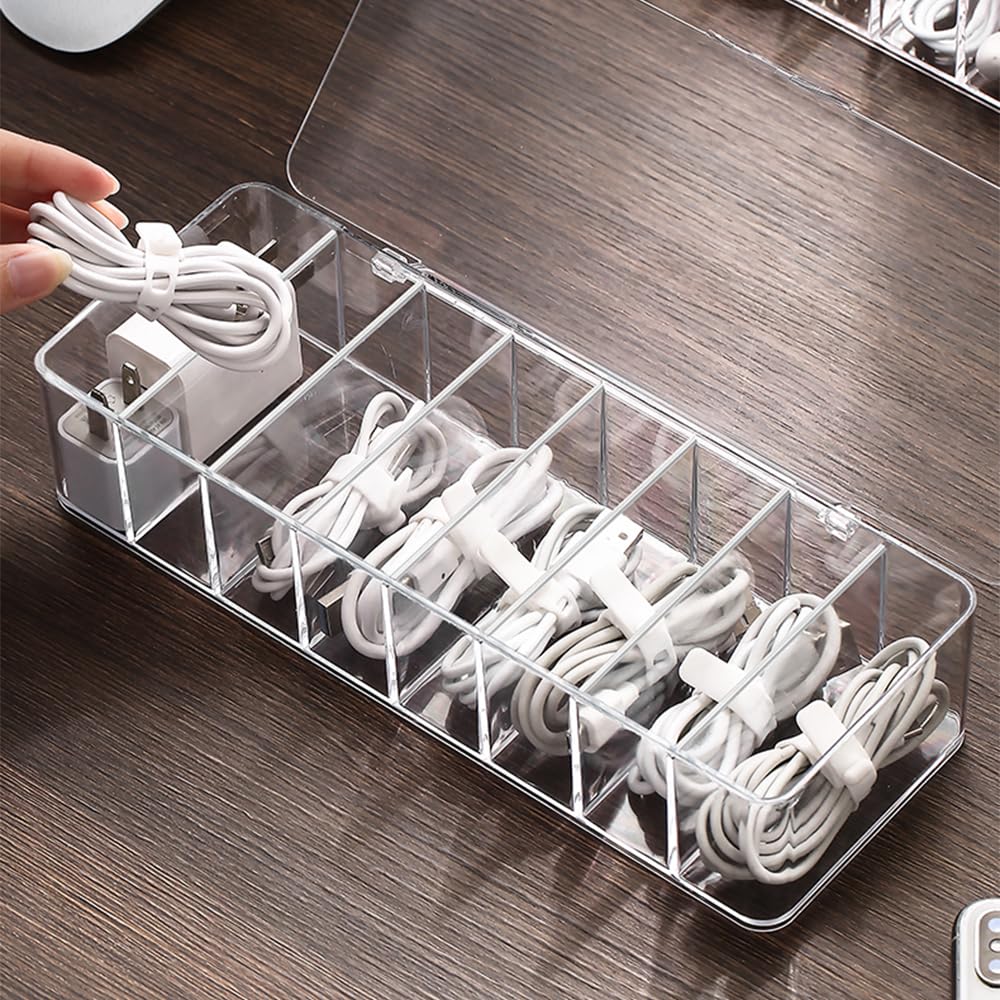 Przezroczysty organizer na kable z 8 przegródkami i 10 opaskami kablowymi, przezroczysty organizer na kable do biura