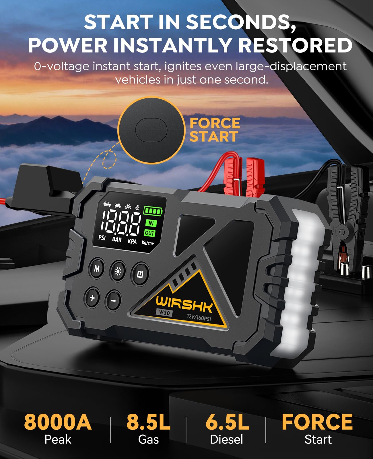 Avviatore di emergenza con compressore d'aria, 8000 A, 160 psi, portatile, 12 V, per tutti i motori a gas o diesel da 10,0 l, booster batteria con display LCD, luce LED e cavi di avviamento