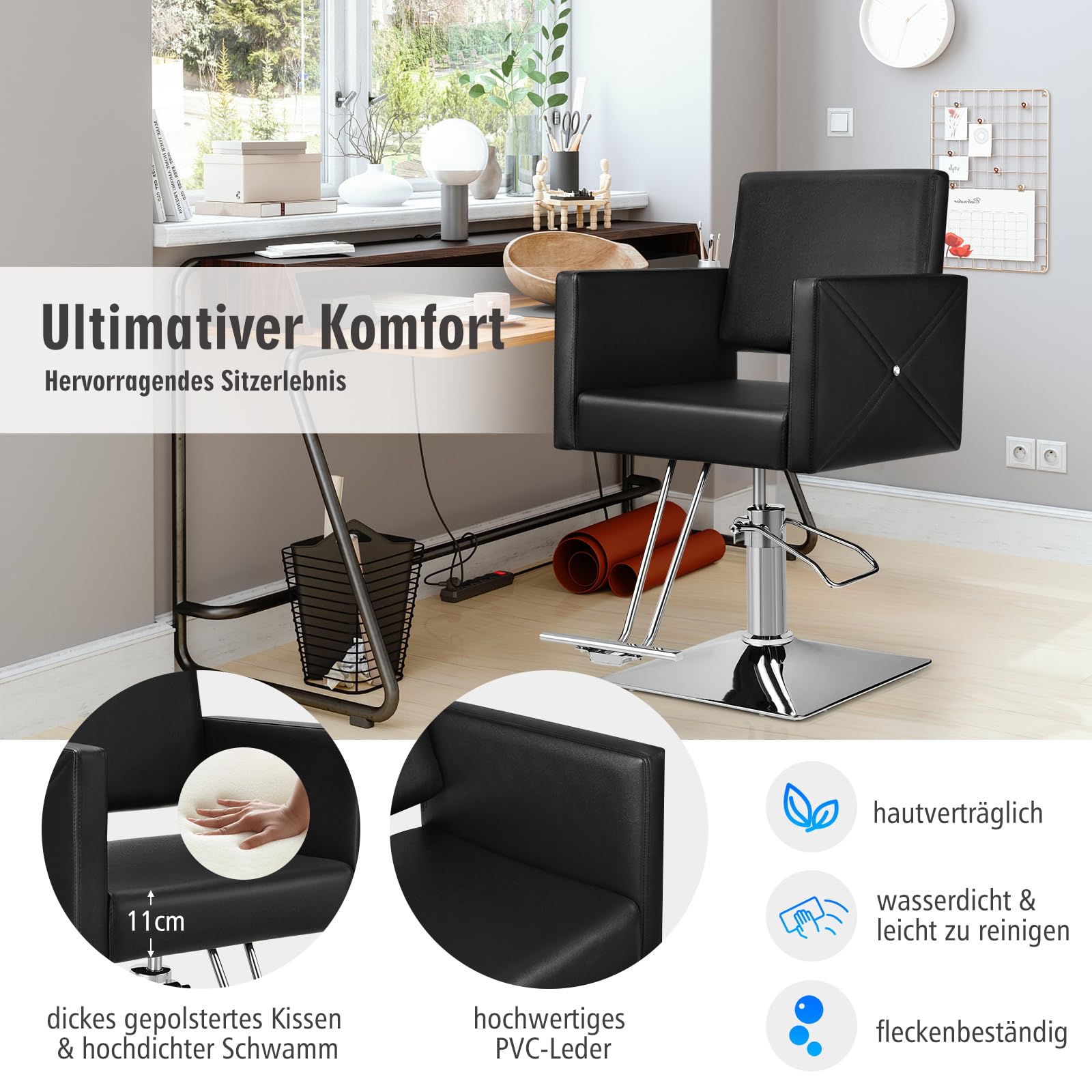 GOPLUS Friseurstuhl höhenverstellbar 360° Drehung 150kg Kapazität Barberstuhl mit Fußstütze