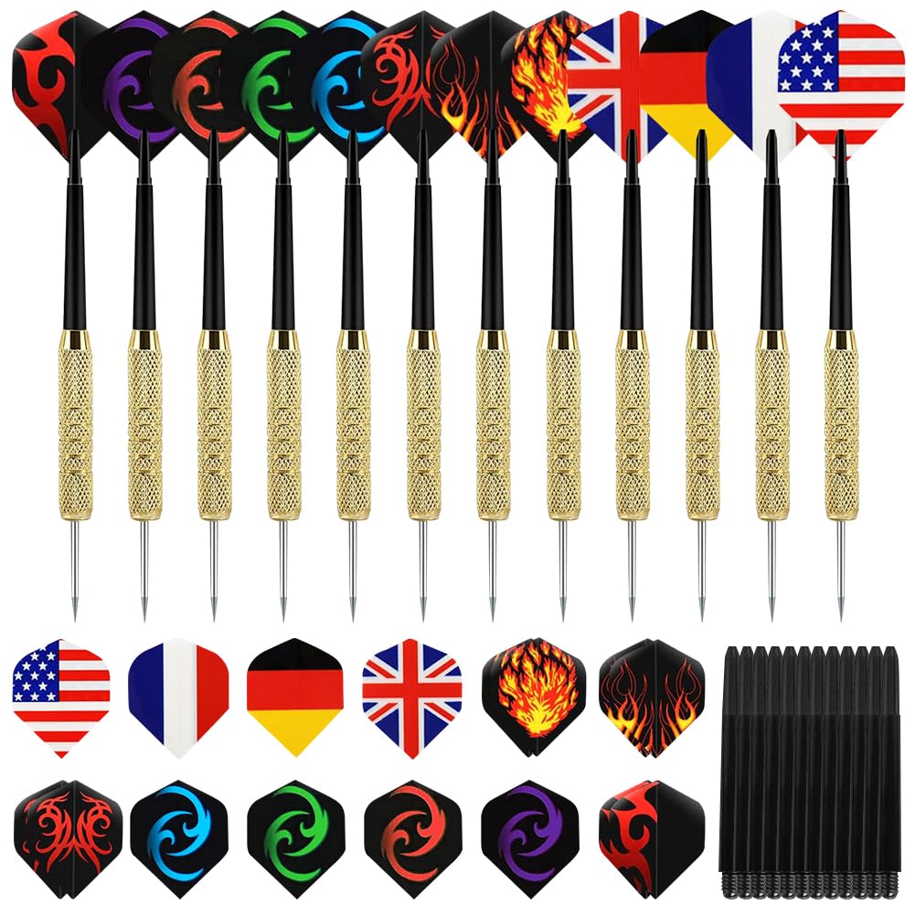 HATFRYF 12 Pack Steel Tip Darts, 12pcs Professional 18 Grams Metal Dart Set, Darts Metal Tip Set, for Beginners and Hobbyists, Extra 16 Flights and 12 Shafts Included