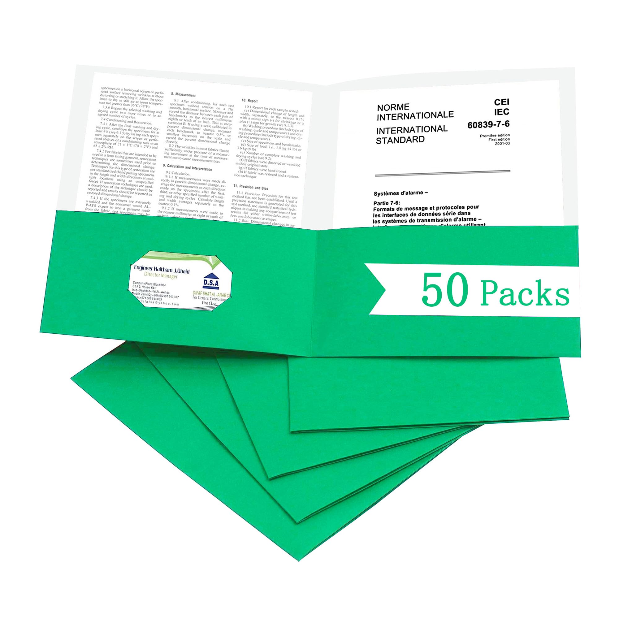 Zzrywuty 50 Packs Paper Folders with Pockets for Students,Businessmen and Office Workers,Letter Size,Two Pocket Folders with Card Slot for Office,Business,School Supplies (Green)