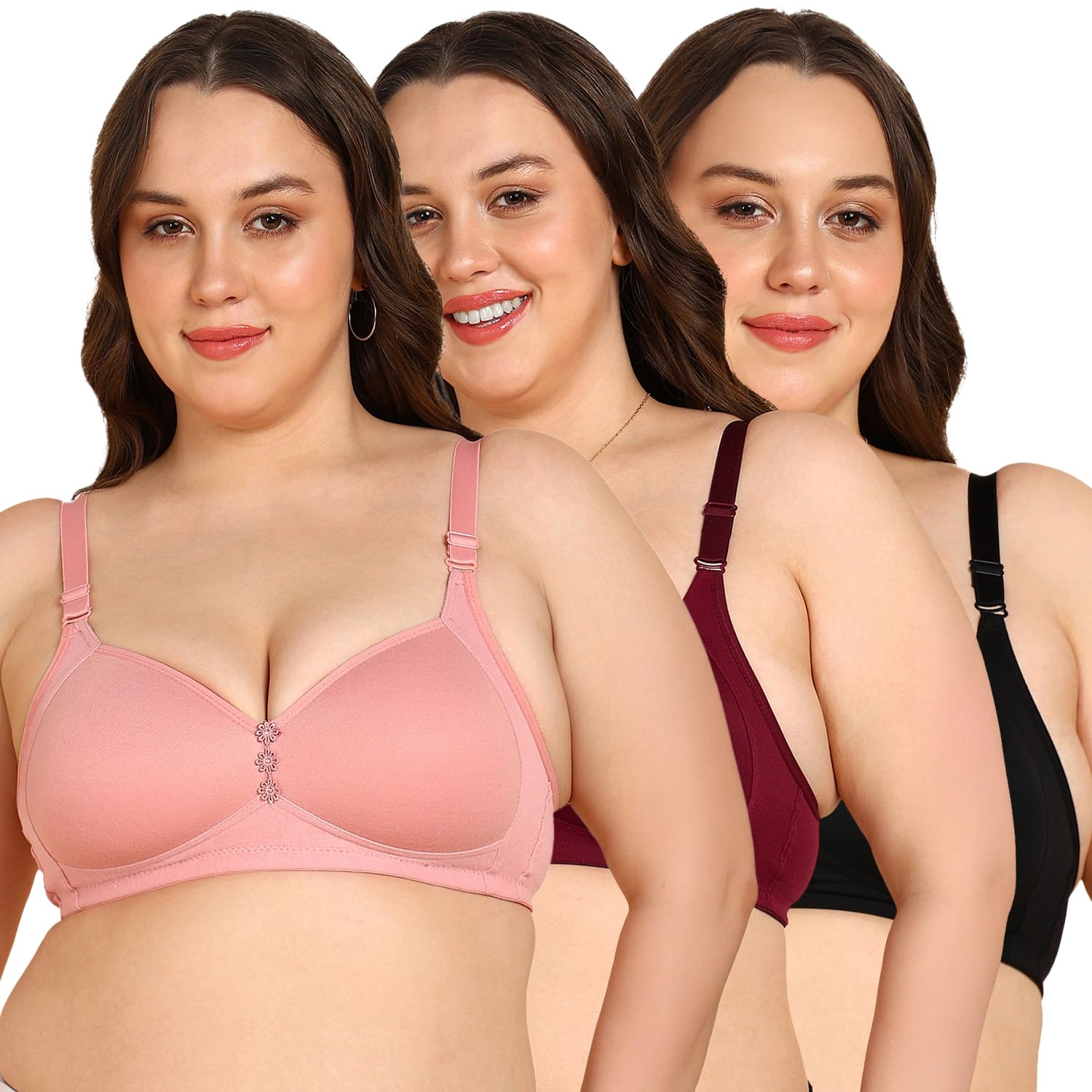komli Lightly Padded Everyday Minimiser Bra | Full Coverage | Wire-Free Support | Adjustable Straps | Hook & Eye Closure | Plus Size Fit (Pack of 3)-picture-25