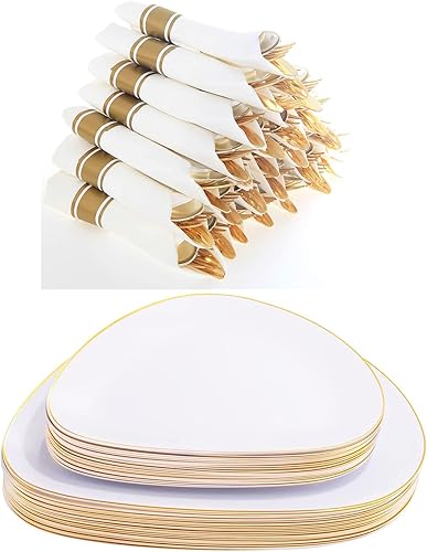 Supernal 60 platos de plástico de oro blanco, platos dorados triangulares desechables, incluye 30 platos de oro y 30 platos de postre y 30 unidades,