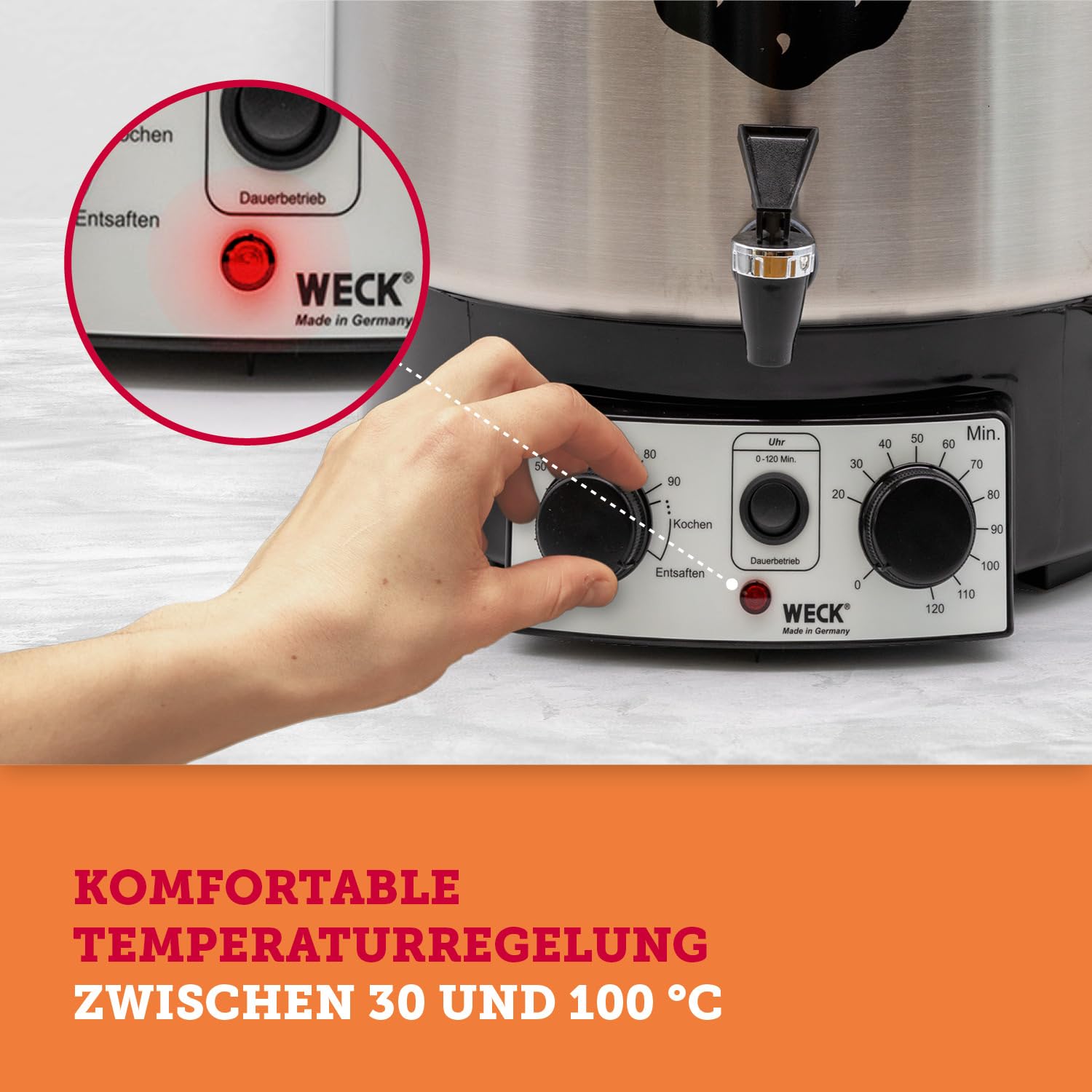 WECK Einkochautomat WAT25-A Edelstahl mit Präzisionsthermostat, Auslaufhahn & Zeitschaltuhr – 30L Einkochtopf, Glühweinkocher, Dampfentsafter, Einweckautomat – Made in Germany, hochwertig & vielseitig