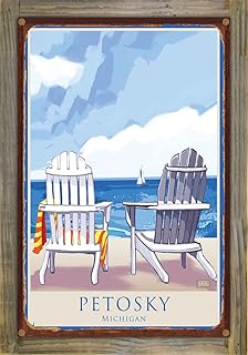 Petosky Michigan Adirondack Chairs Water Rustic Metal Print on Reclaimed Barn Wood from Illustration by Artist Joanne Kollman 11.5" x 17.5"